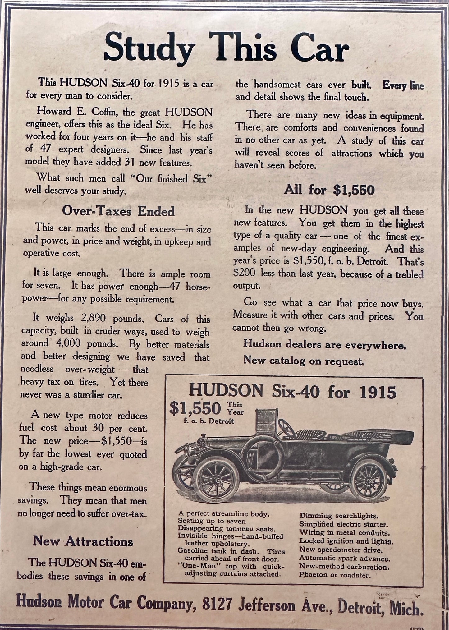1914 - 1915? Hudson Six-40 Study This Car - Magazine Ad