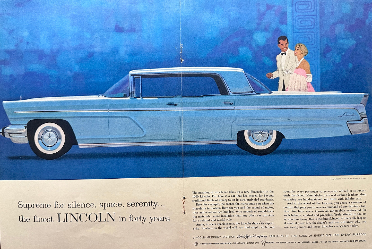 1960 Lincoln Continental Premiere Four Door Landau in Blue Magazine Ad #A206