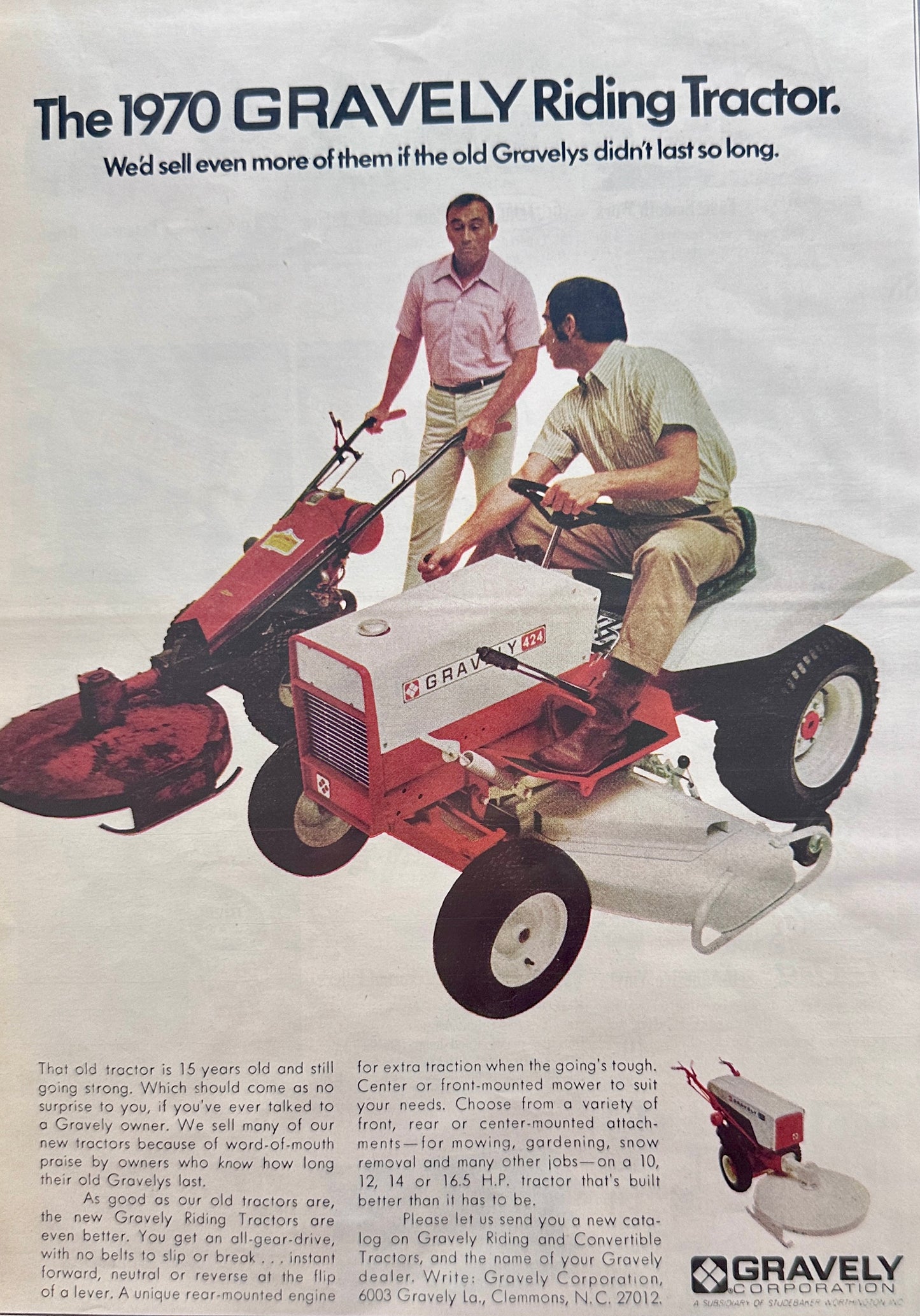1970 Gravely 424 Riding Lawn Tractor and Walk Behind Mower - Vintage Ad N412