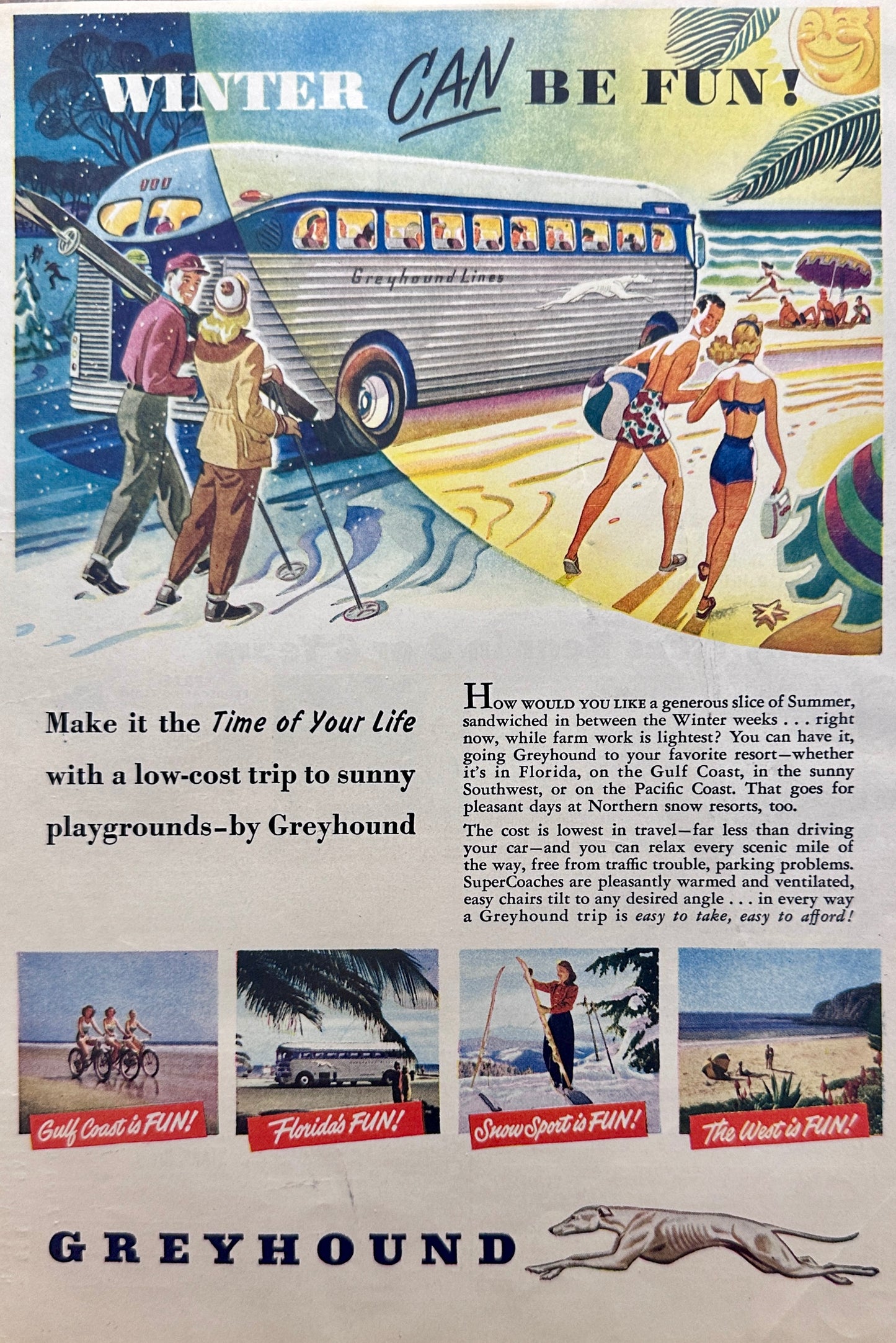 1949 Greyhound Bus Line Skiing Vacation or Beach Vacation Magazine Ad