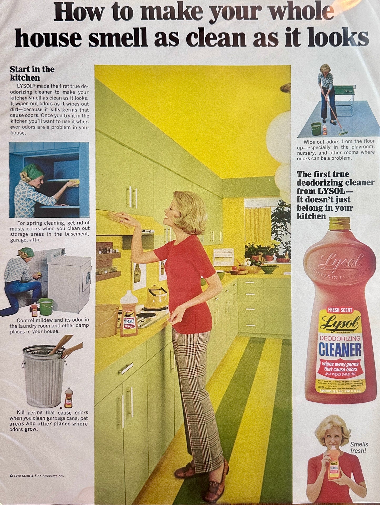 1972 Lysol Cleaner - Sixties Green & Yellow Kitchen - Wow - Bright! #1742-4