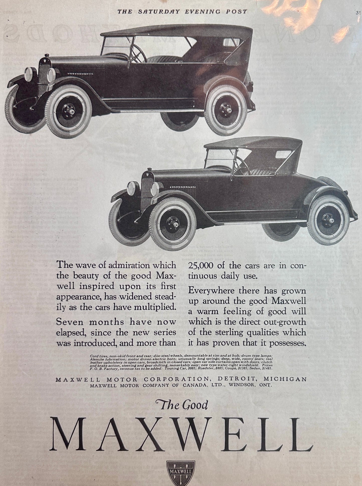 1922 Maxwell 3-Passenger & 5 Passenger Roadster - Magazine Ad #537