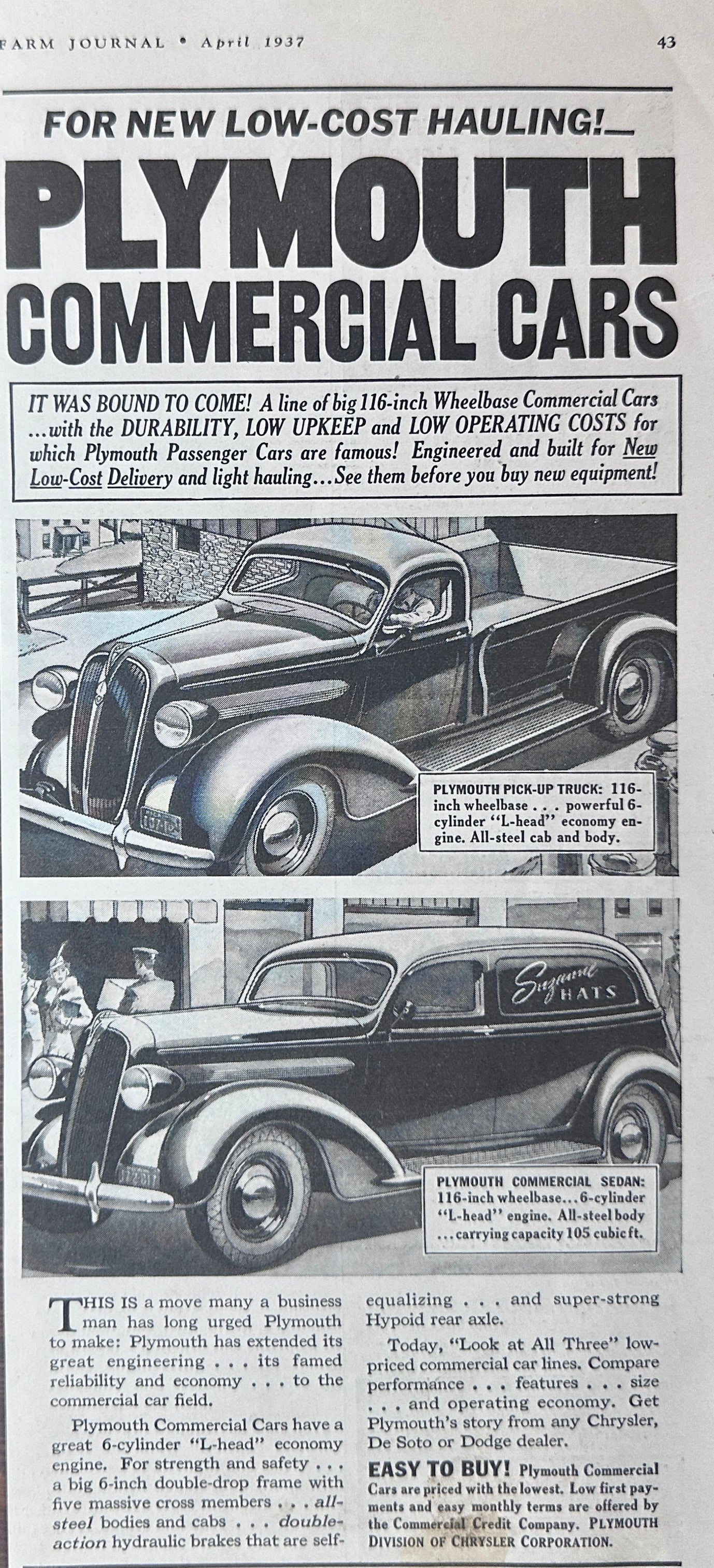 1937 Plymouth Commercial Cars Vintage Magazine Ad #A218