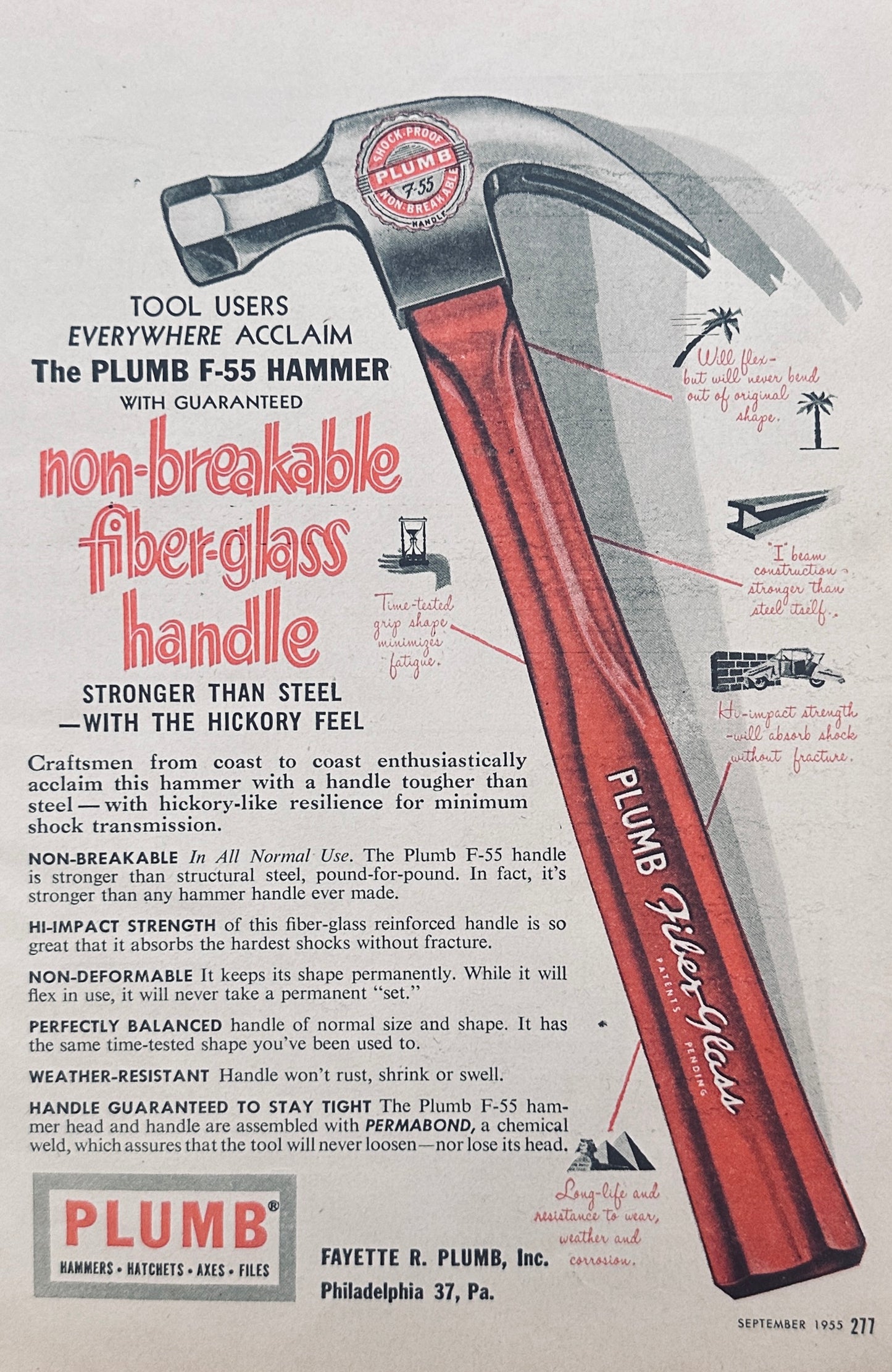 1955 Plumb Hammer with Fiberglass Handle Vintage Tool Ad N791