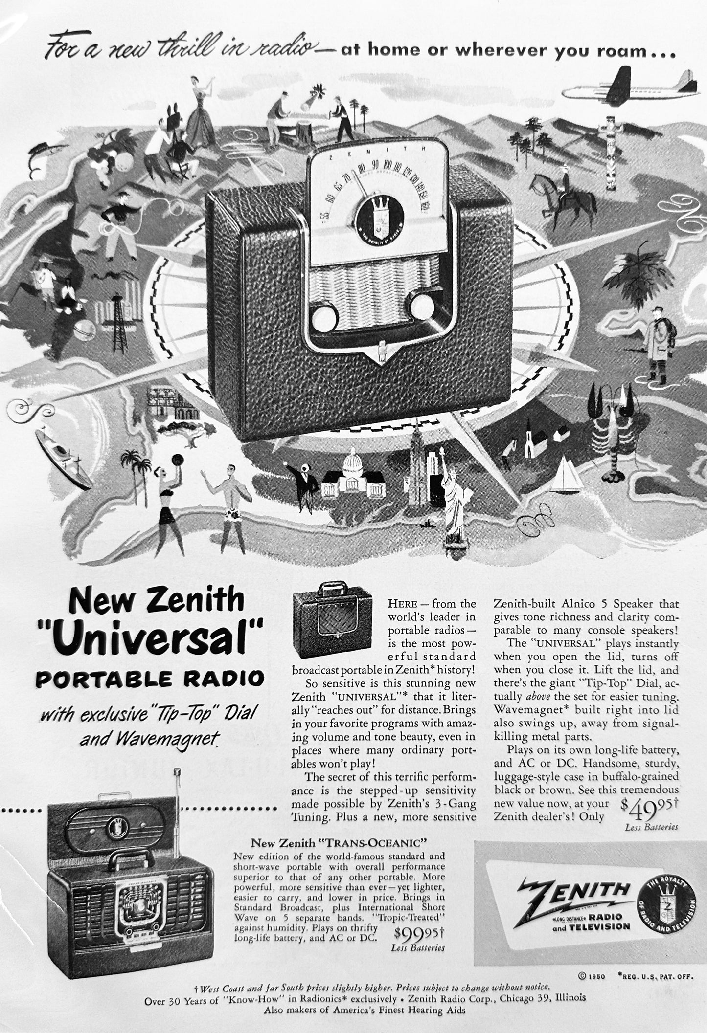 1950 Zenith Trans-Oceanic Wave Magnet Radio Ad N960