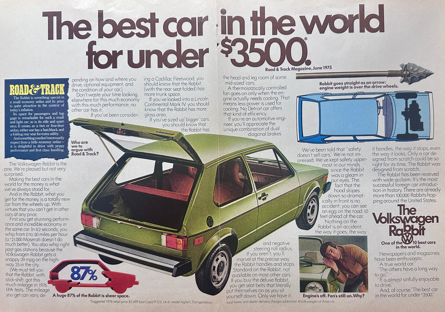 1976 Volkswagen Rabbit - In Green - Centerfold - Vintage Ad #A228