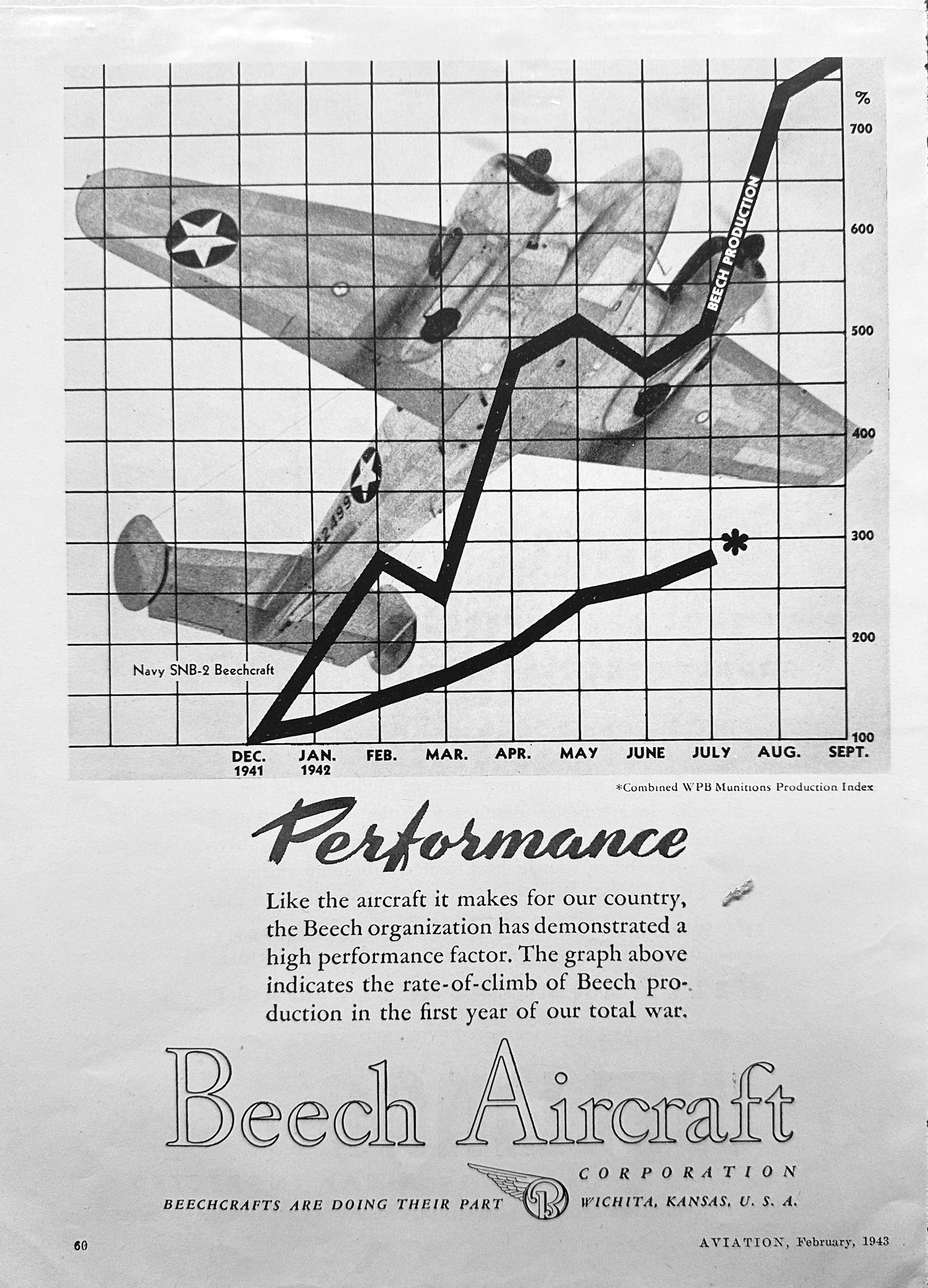 1943 Beech Aircraft Navy SNB-2 Beechcraft Original Magazine Advertisement N102