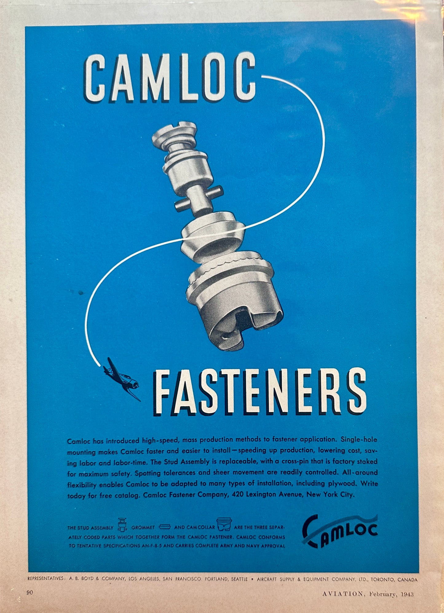 1943 Curtis Electric Propellers & CAMLOC Fasteners Vintage Aviation WWII Ads N280