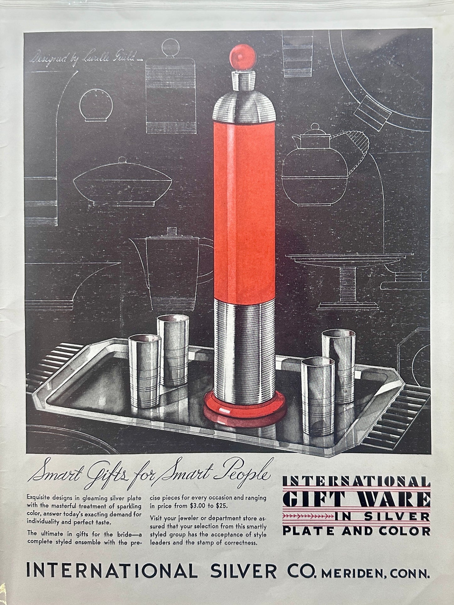 1934 International Gift Ware in Silver Plate and Color Ad #1907 Barware