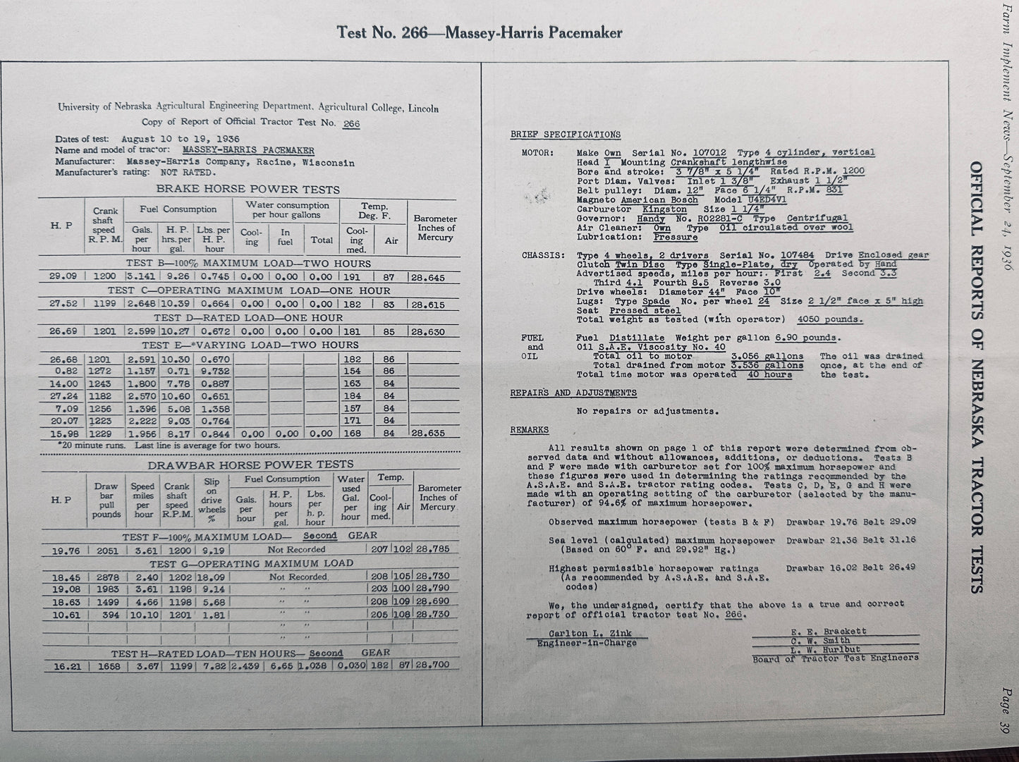 1936 Nebraska Tractor Test #266 Massey-Harris Pacemaker - Final Report N608