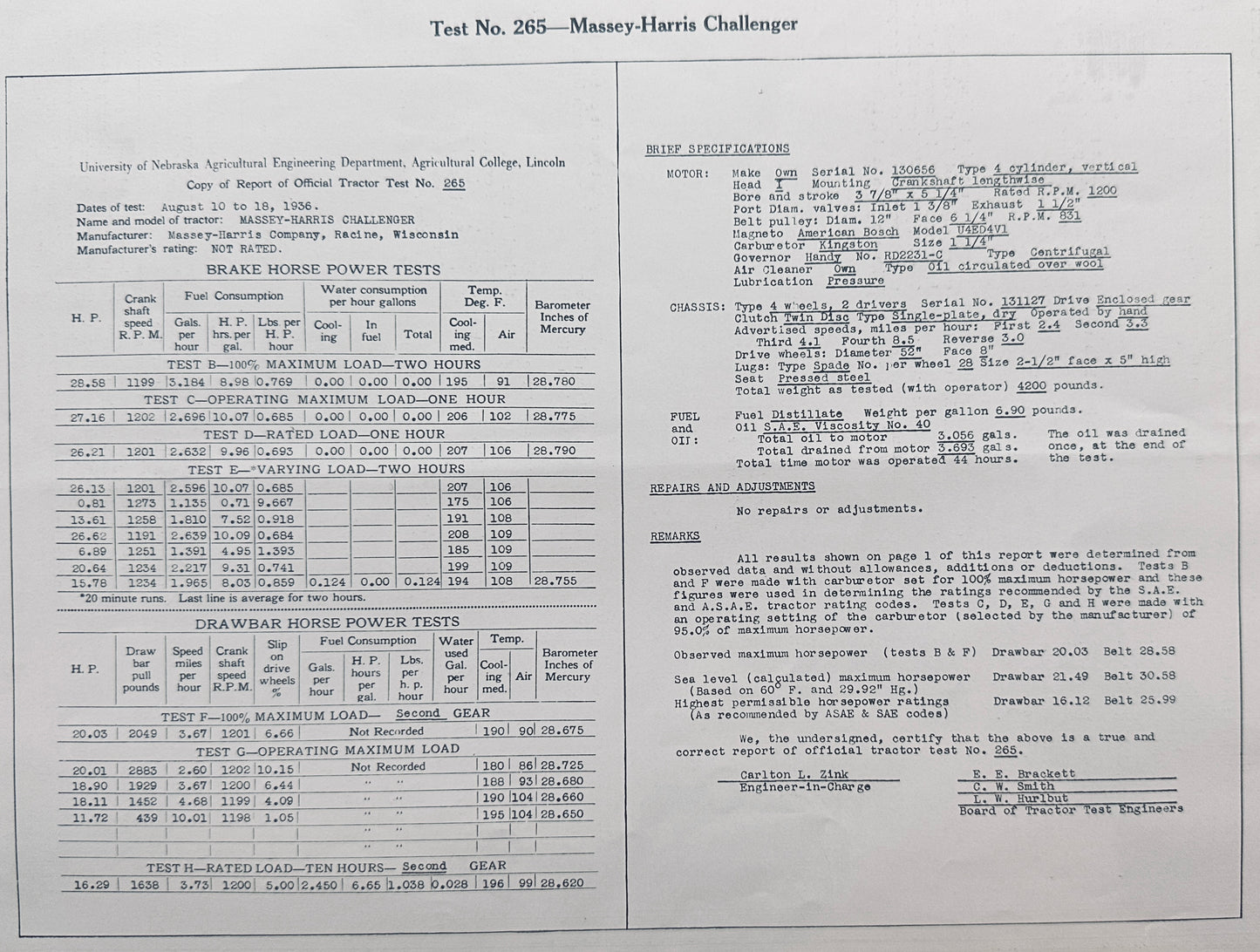 1936 Nebraska Tractor Test Report Massey-Harris Challenger #265 N607