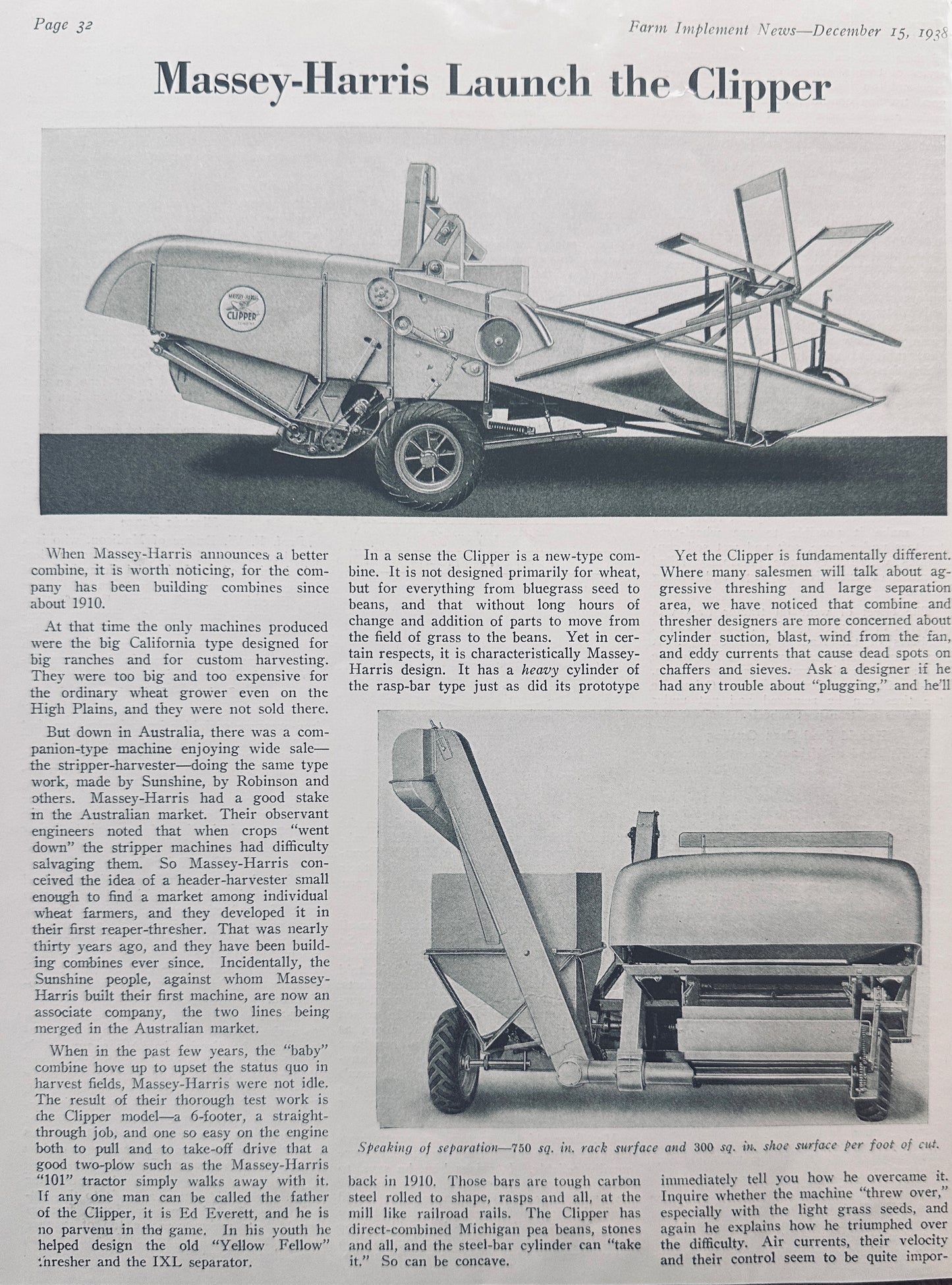 1938 Massey-Harris Launch of the Clipper - Partial Article - 2 pictures N605