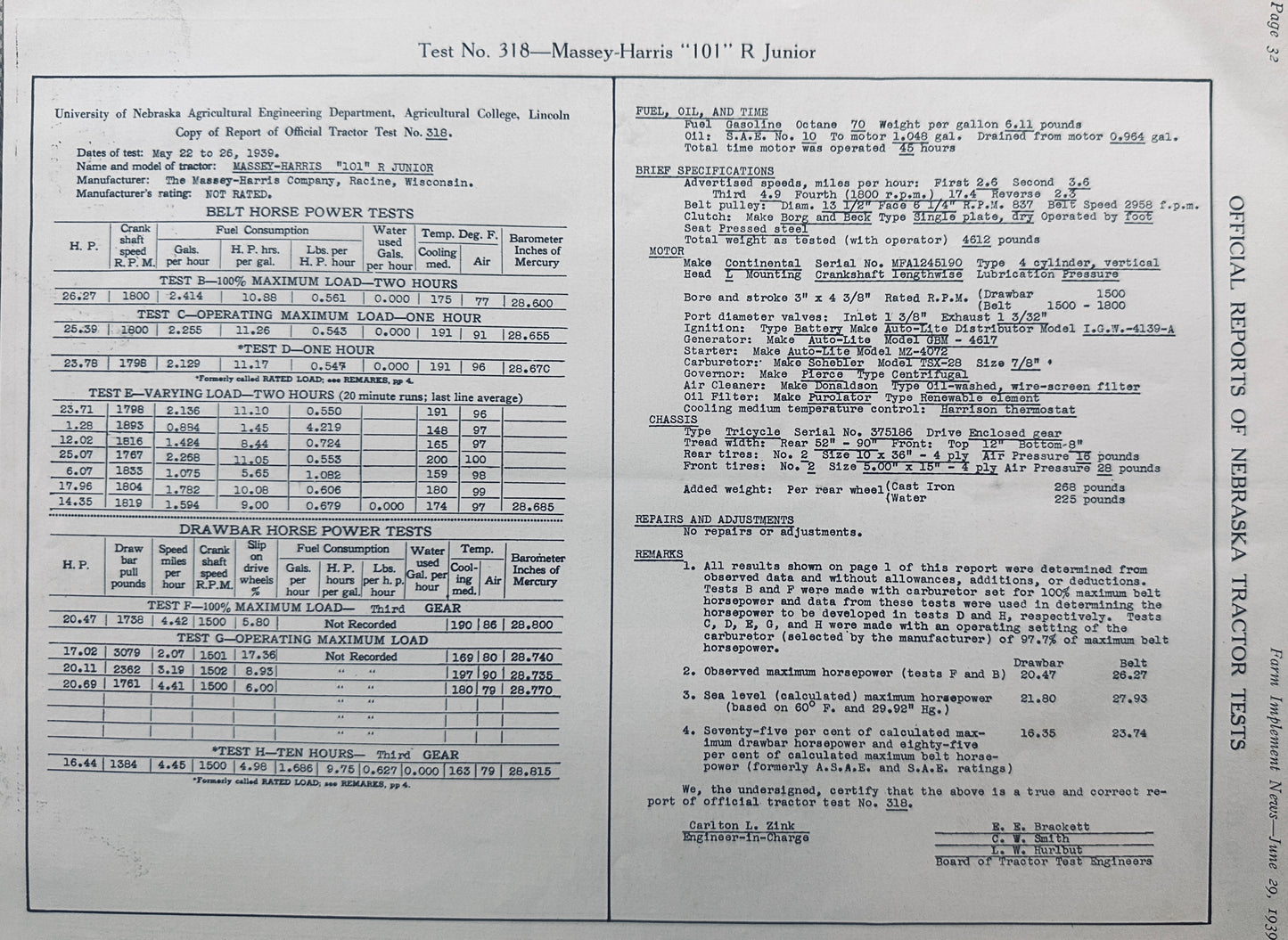 1939 Massey-Harris Nebraska Test Report For Model 101 R Junior Tractor #318 N604
