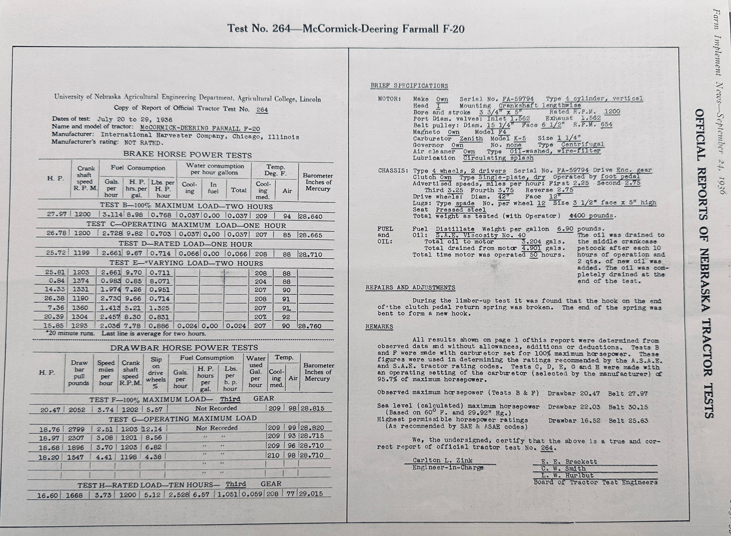 1936 Nebraska Tractor Test #264 Farmall F-20 Final Report N623