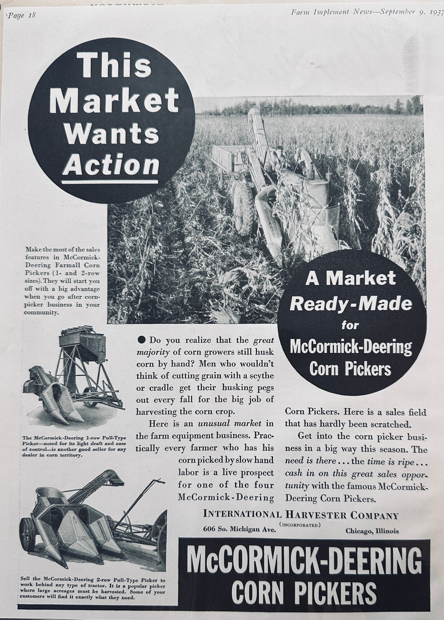 1937 McCormick-Deering Corn Pickers Market Wants Action N620