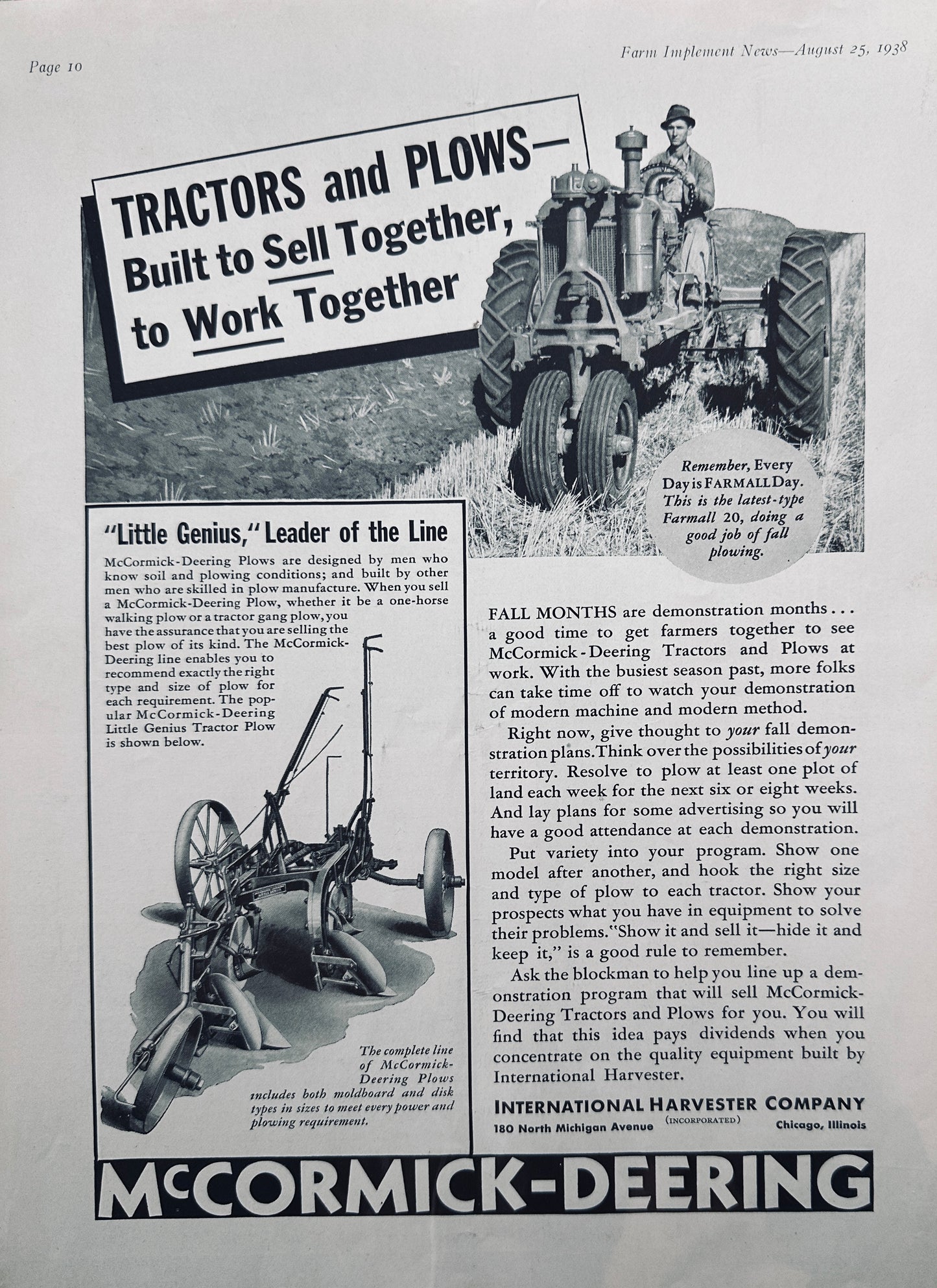 1938 McCormick Deering Farmall 20 & Little Genius Plow #5019