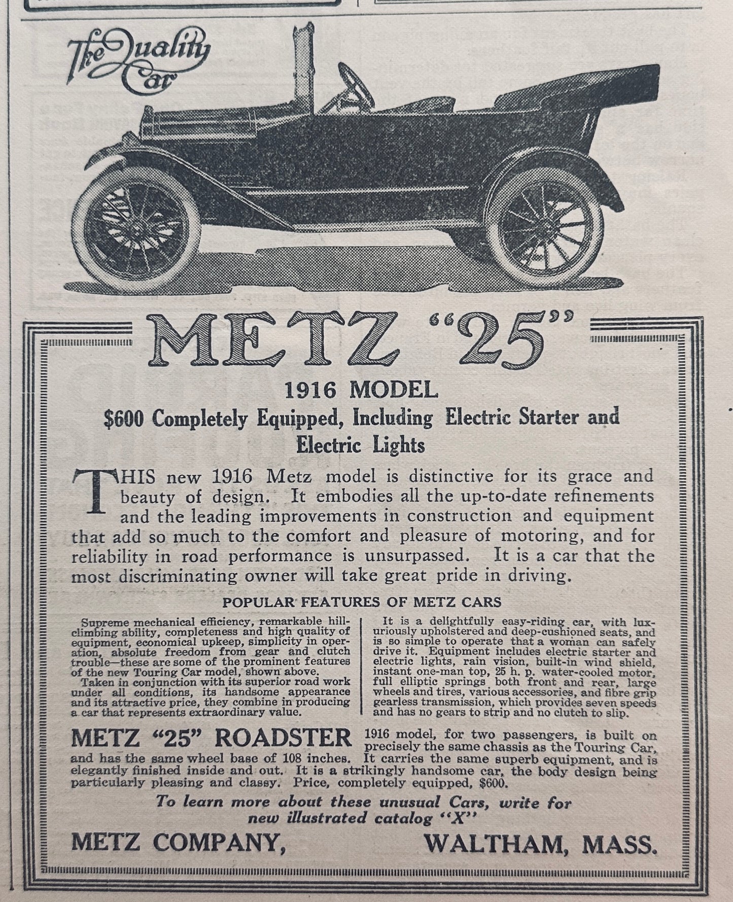 1915 Metz "25" Motorcar Waltham, Mass Vintage Ad Ad #A336