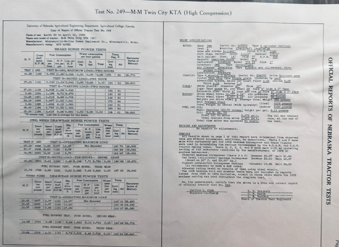 1936 UoN Test report #249 M-M Twin City Tractor KTA N666