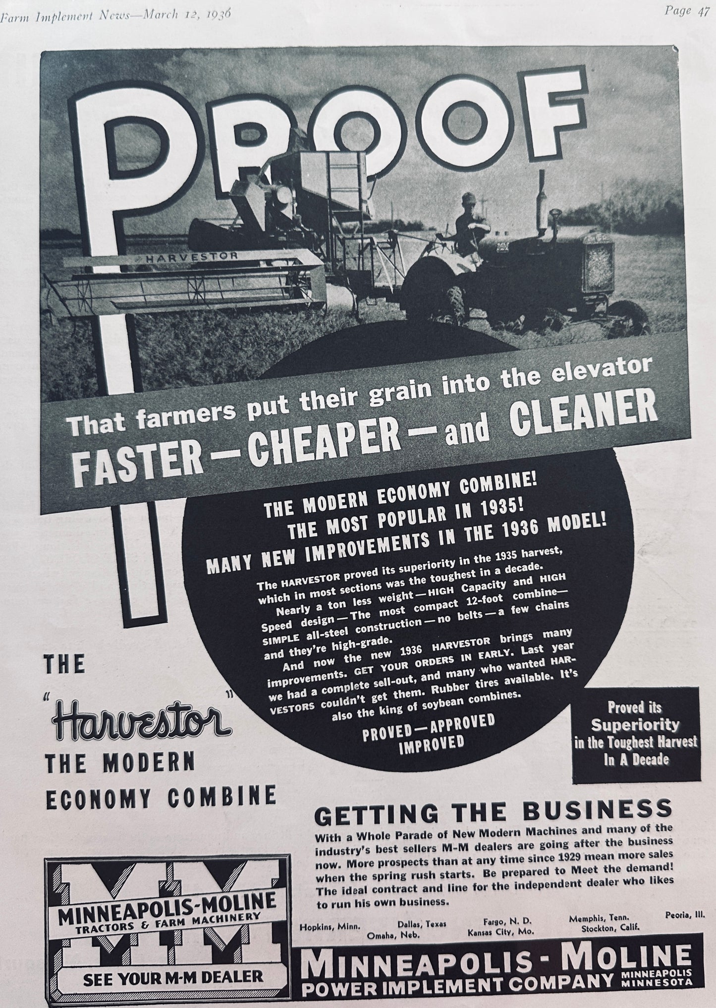 1936 Minneapolis-Moline "Harvester" Combine & Lincoln Tractor Grease Gun Ads N665