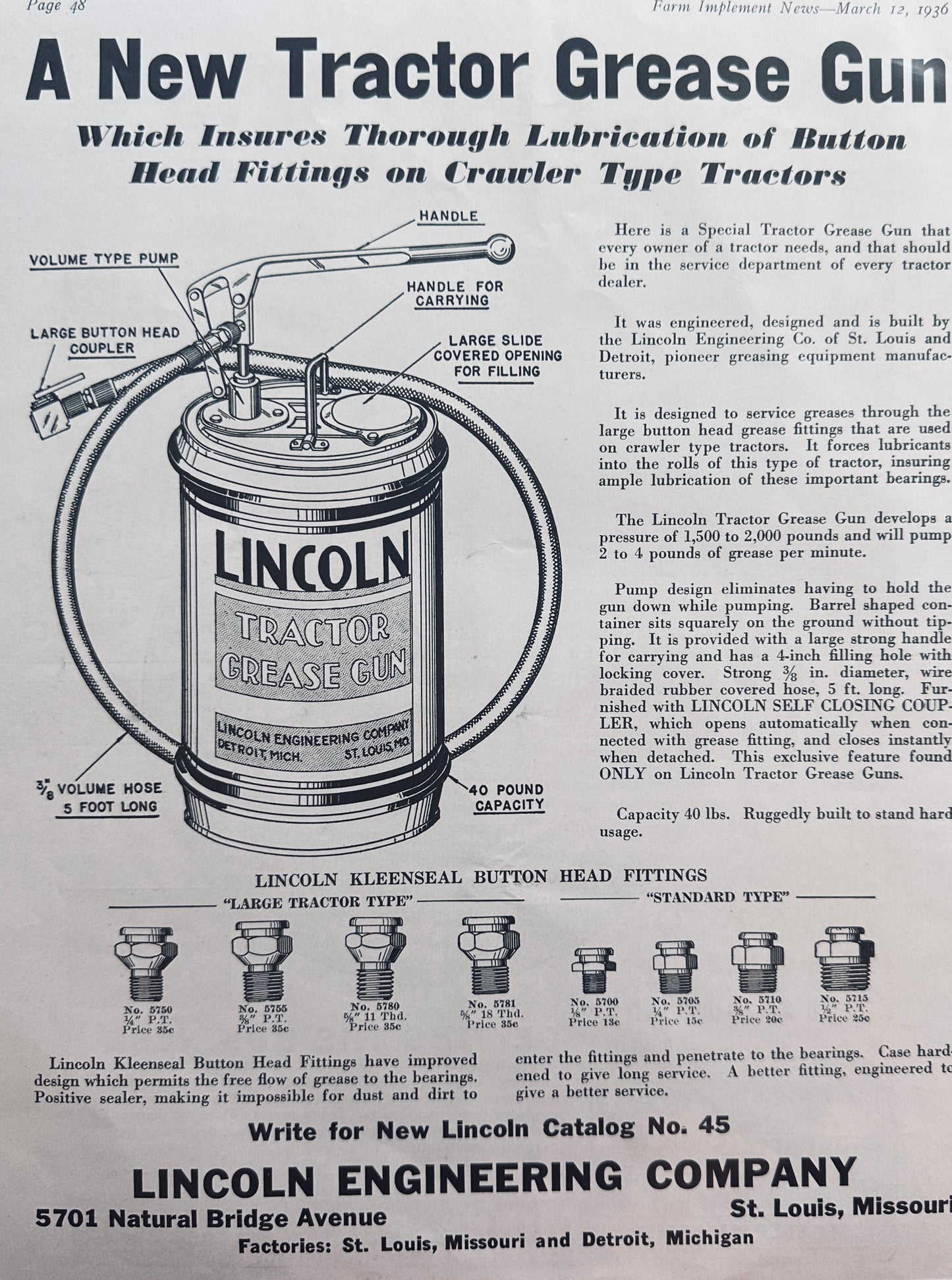 1936 Minneapolis-Moline "Harvester" Combine & Lincoln Tractor Grease Gun Ads N665