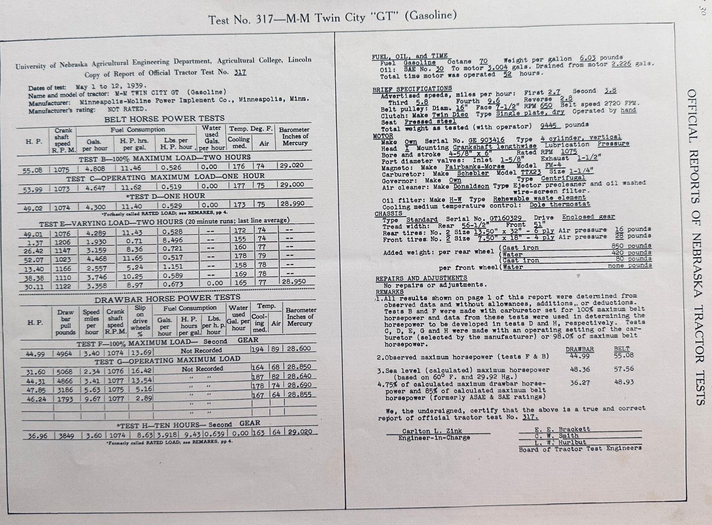 1939 Nebraska Tractor Test Report #317 Minneapolis-Moline Twin City "GT" N661
