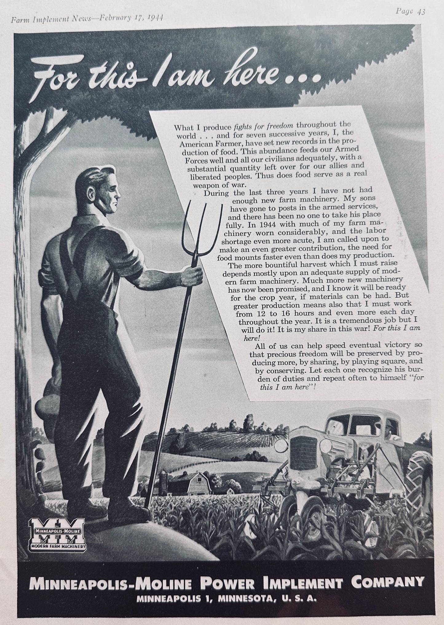 1944 Minneapolis-Moline Patriotic WWII era PSA Ad For This I Am Here! N658