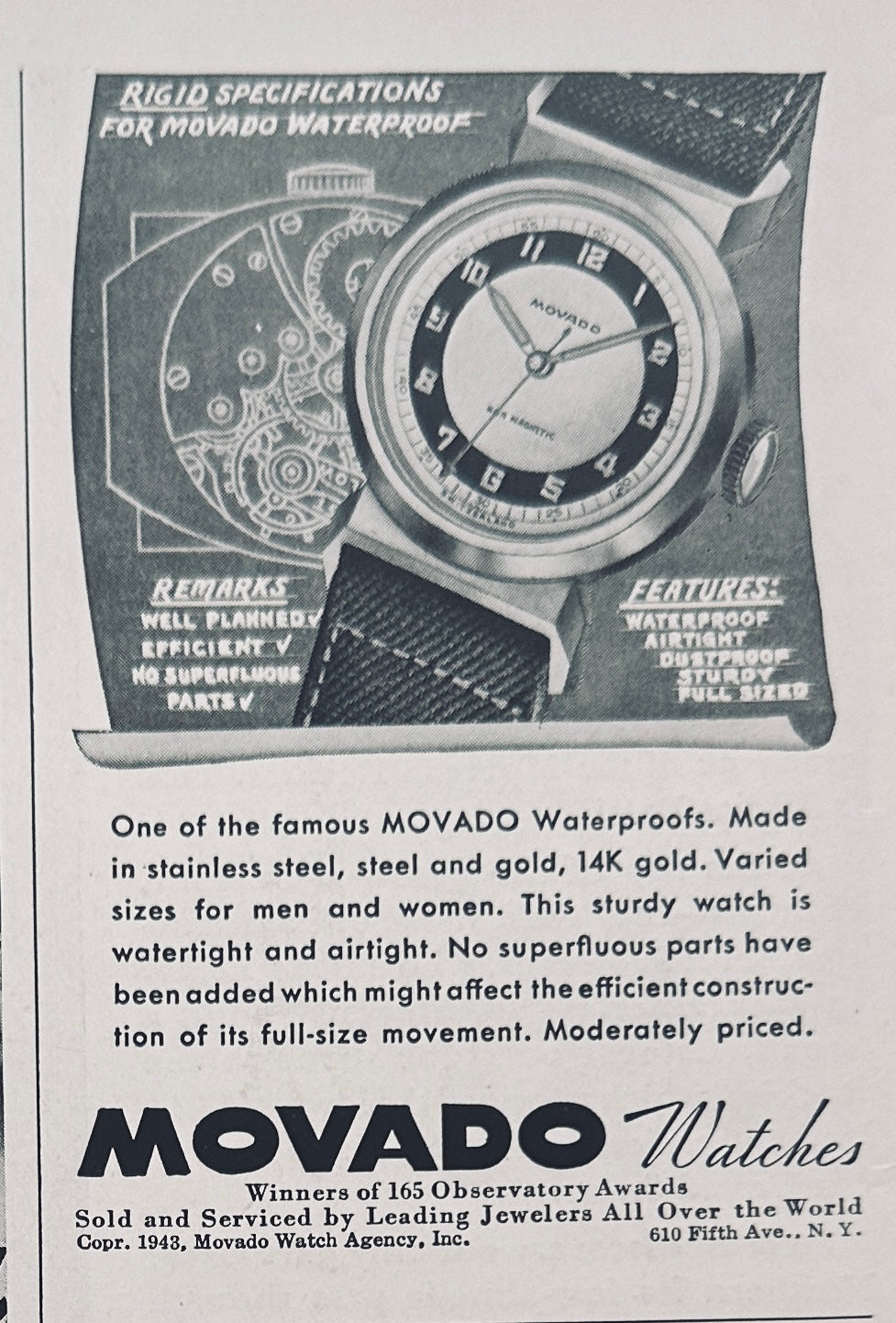 1943 Movado Waterproof Wristwatch Vintage Ad
