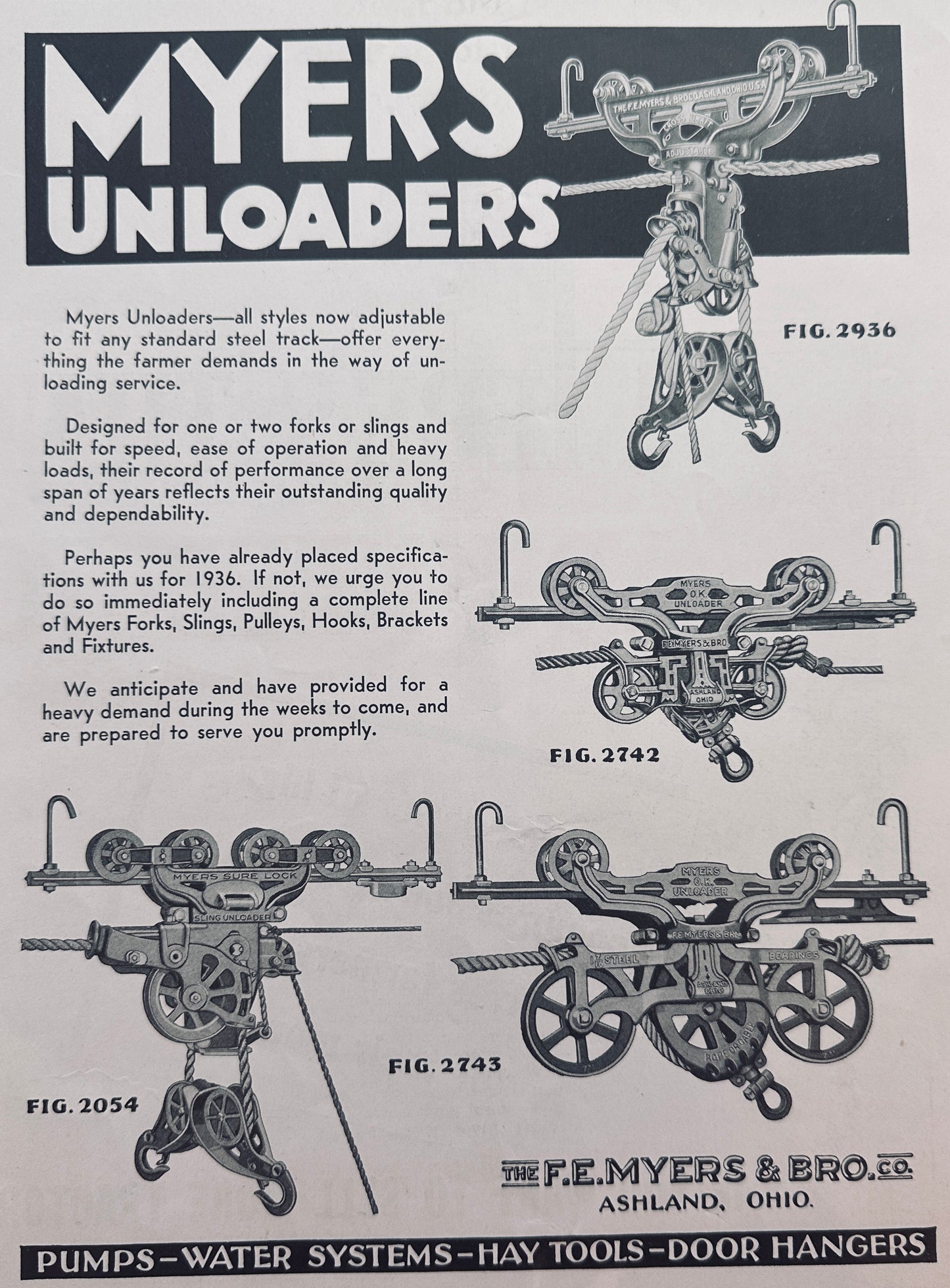 1936 Myers Unloaders - 4 Styles Shown - All Adjustable to Fit Any Track N697