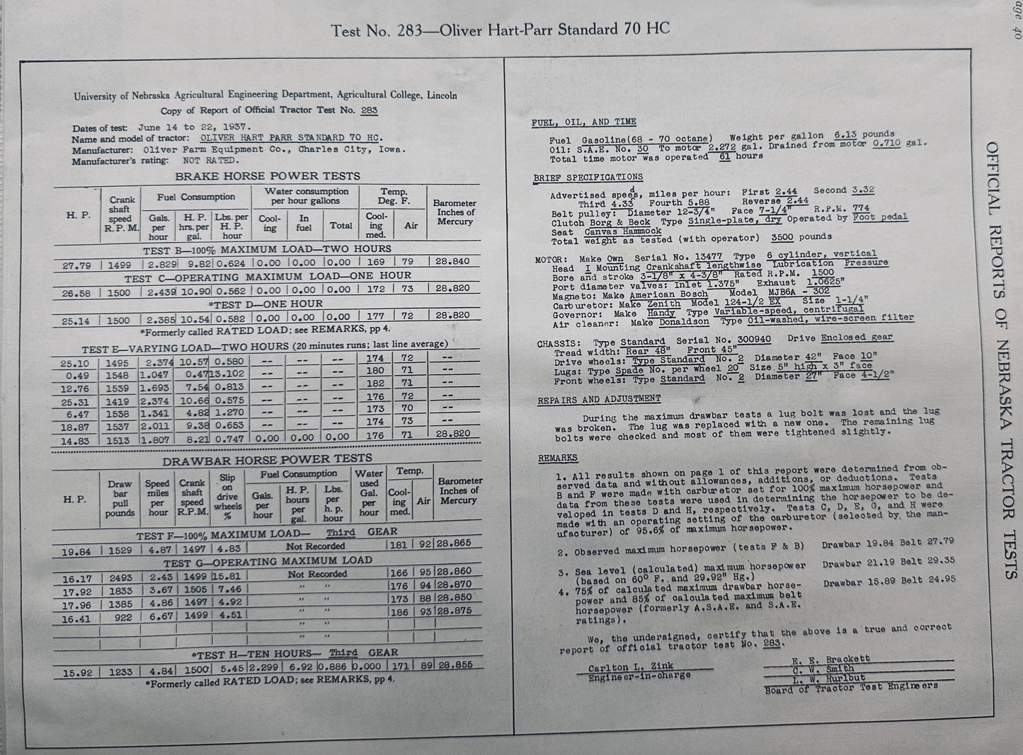 1937 UoN Tractor Test #282 Oliver Hart-Parr Standard 70 "HC" N739