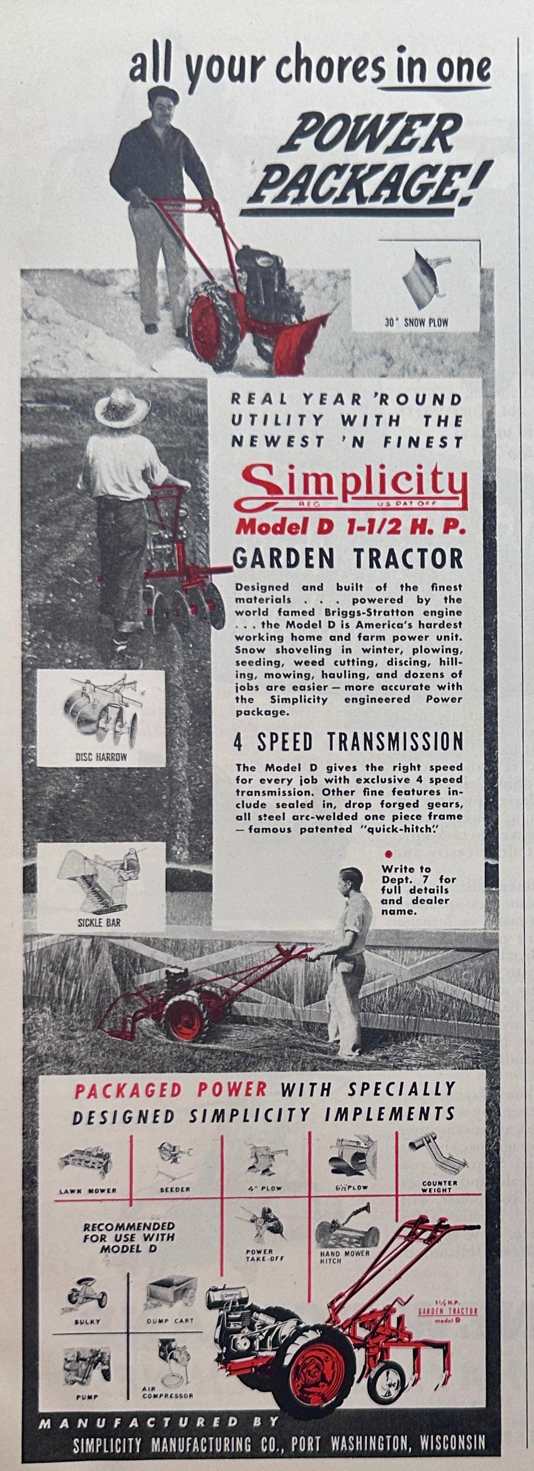 1948 Simplicity Model D 1.5HP Garden Tractor All-In-One Tool Ad #1686