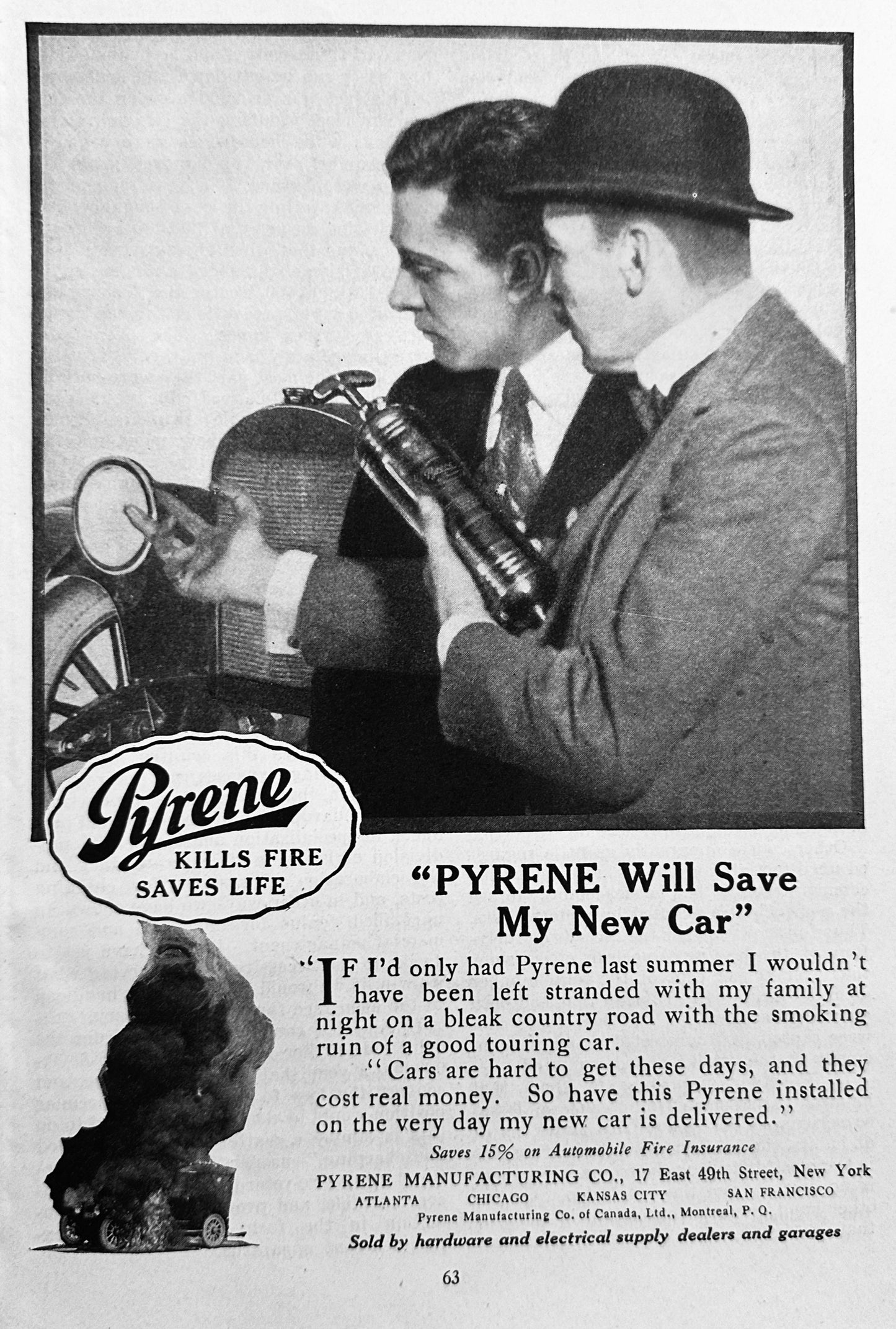 1920 Vintage Pyrene Car Fire Extinguisher Ad #N1235