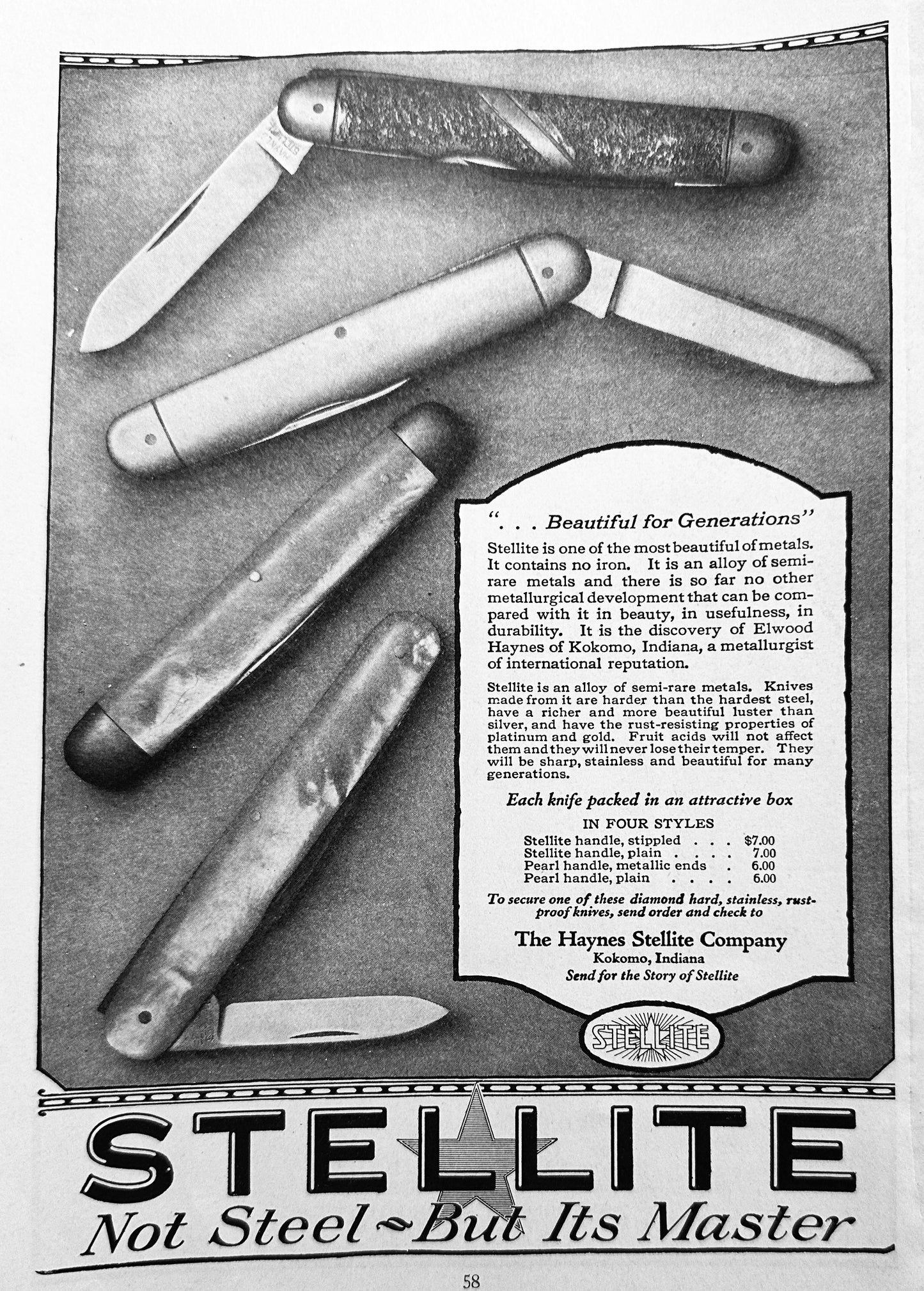 1920 Stellite Pocket Knives 4 Styles Shown - Kokomo, IN Ad #N1233