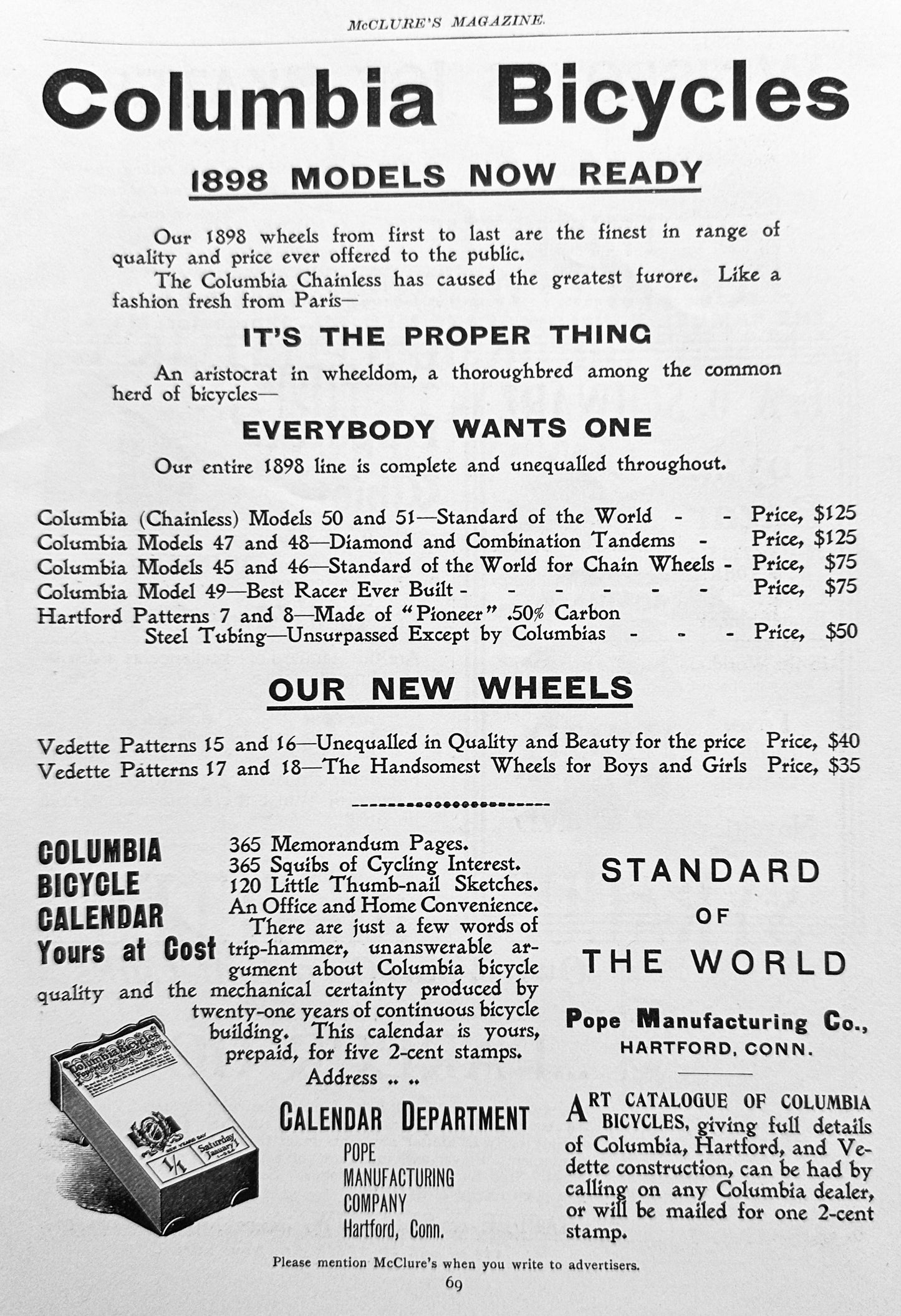 1897 Antique Bicycle Ad Announcing Columbia Line-up For 1898 Ad #N1328