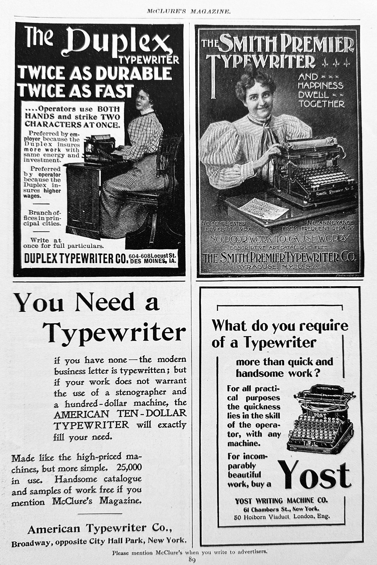 1897 Antique Typewriter Ads Yost, Smith Premier, Duplex and American AD #N1321