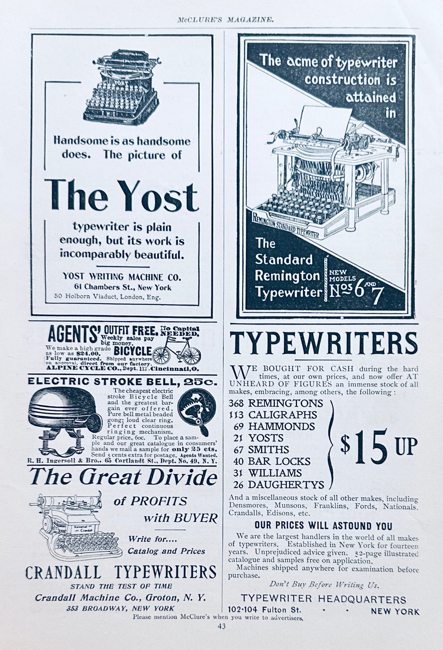 1897 Antique Typewriter Ads #N1317 - Yost, Remington and Crandall Brands