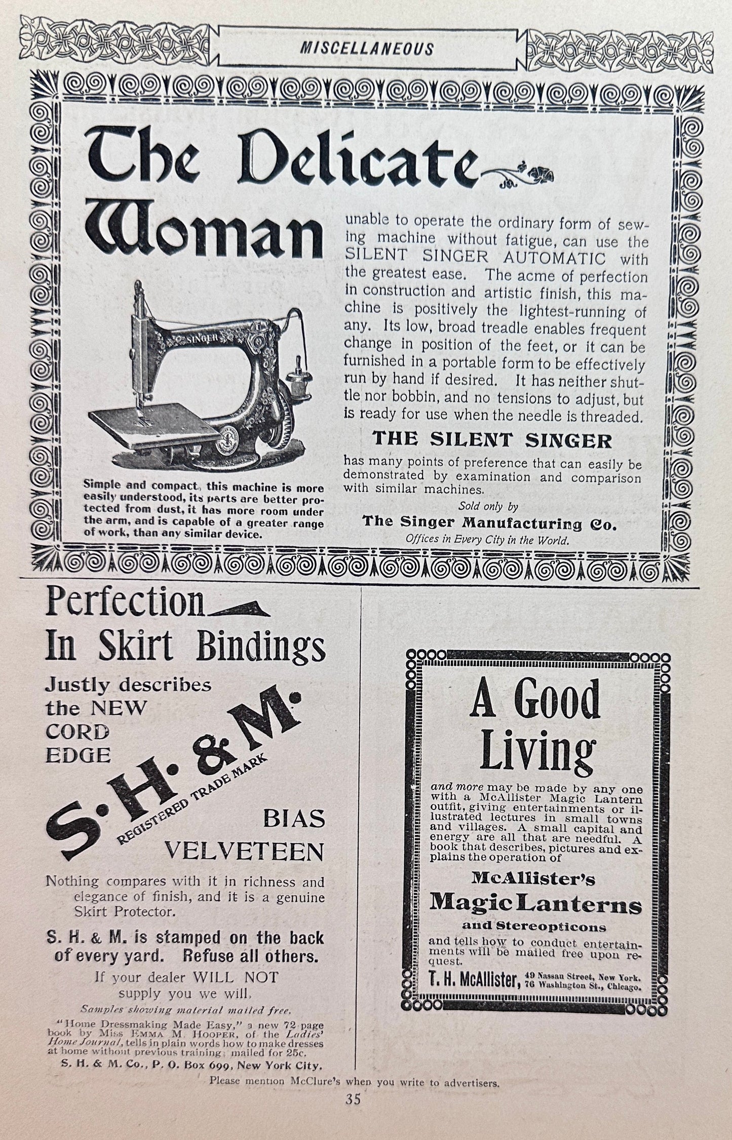 1897 Antique Silent Singer Sewing Machine for the Delicate Woman Ad #N1313