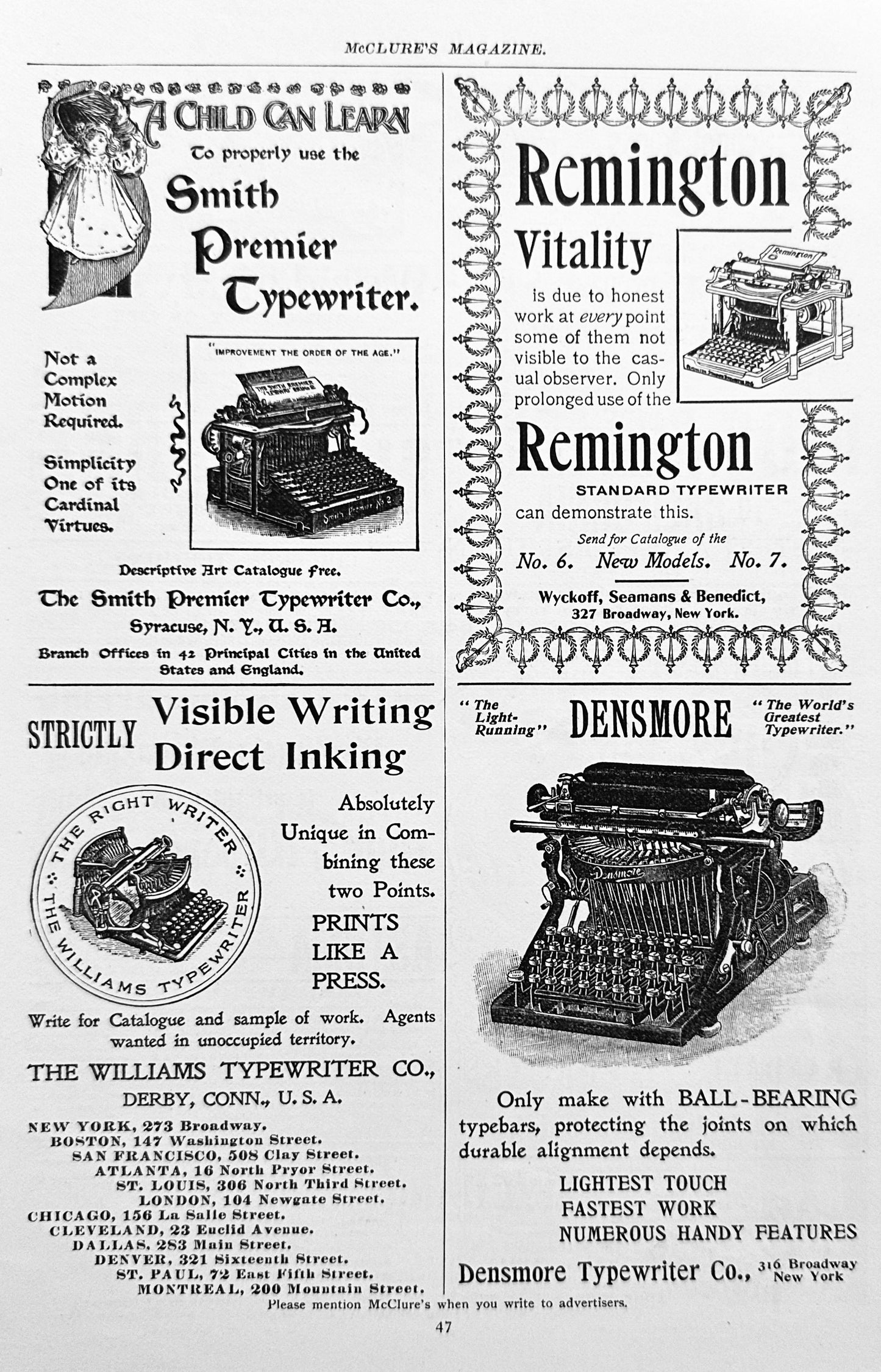 1897 - Four Unique Typewriter Ads Smith Premier, Densmore ++ Ad #N1307