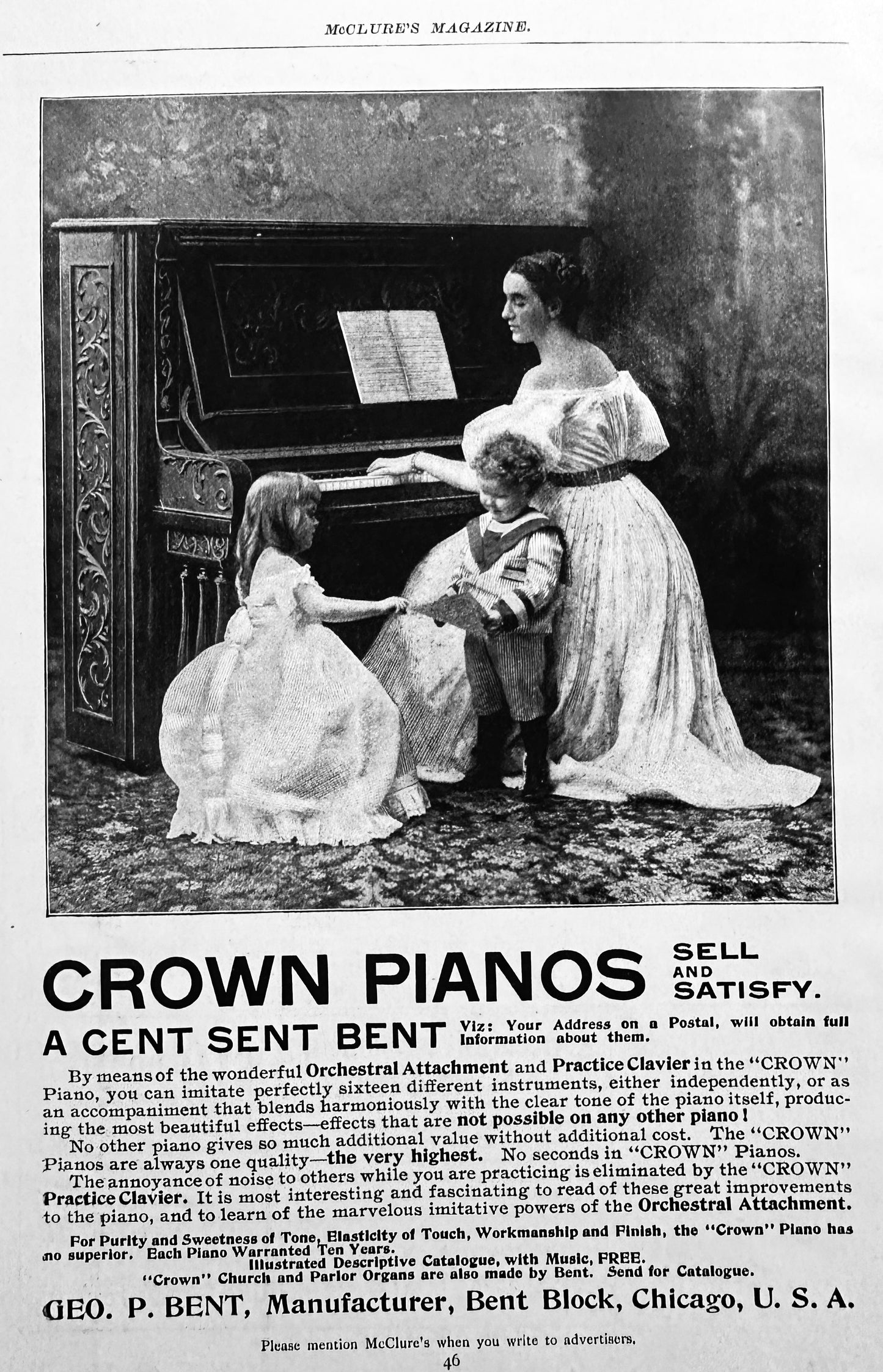 1897 Columbia Graphophone & Crown Pianos Vintage Ad #N1284
