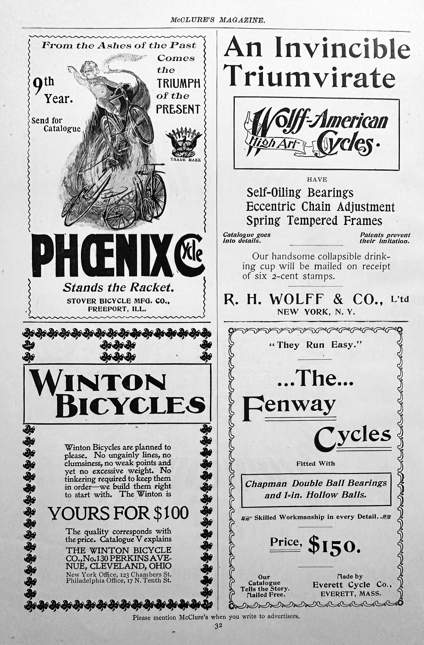 1897 Antique Bicycle Ephemera Stearns Yellow Fellow, Wolff, Fenway ++ Ad #N1280