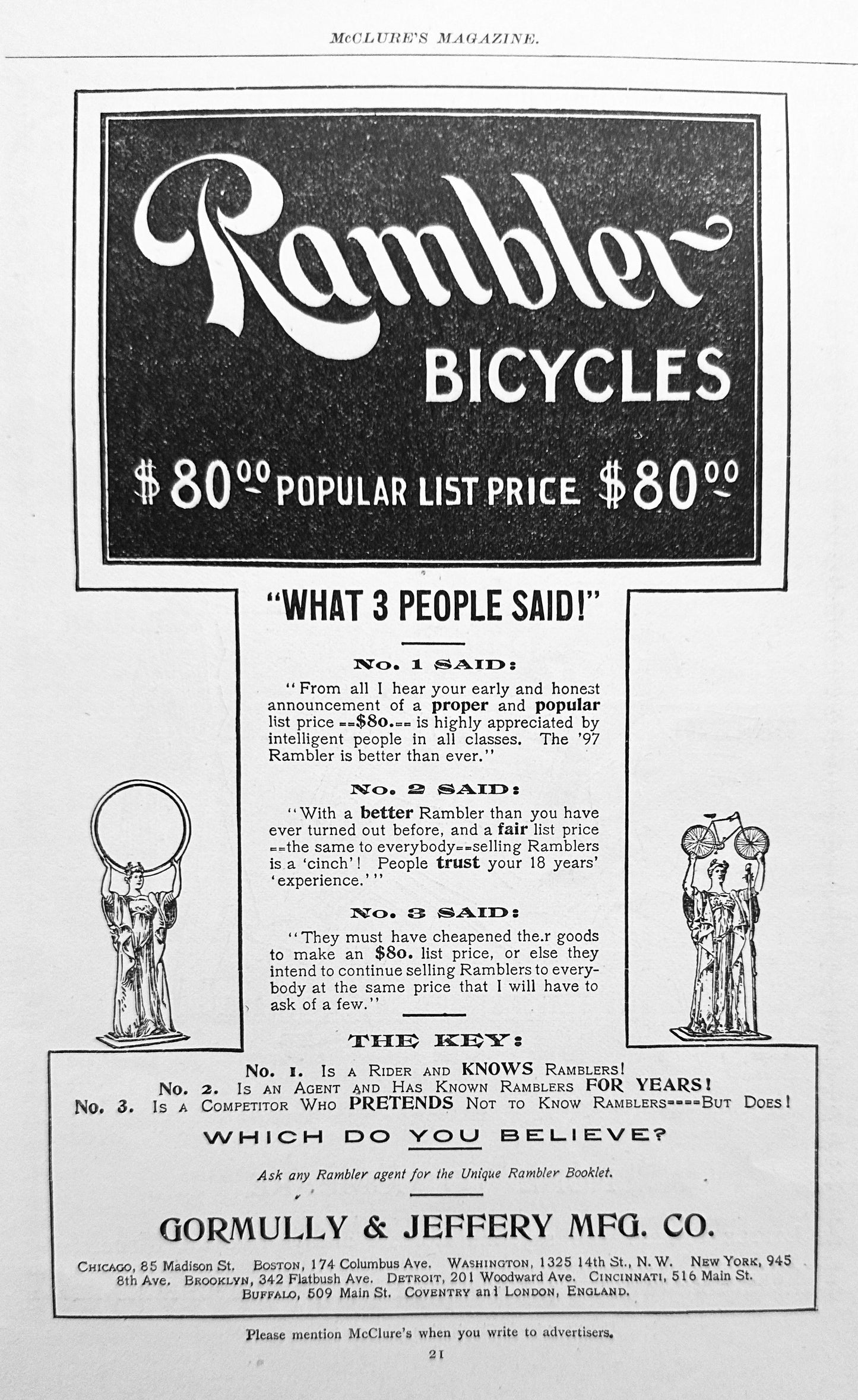 1897 Bicycle Ephemera Monarch Cycles & Rambler Bicycles Vintage Dual Sided AD #N1277