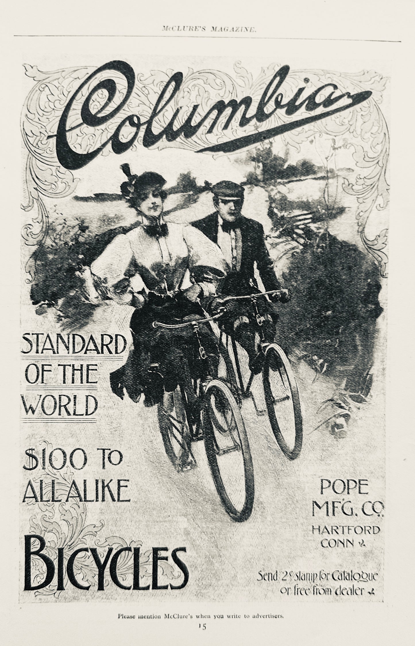 1897 Columbia Bicycles $100 to All Alike Vintage Ad #N1276