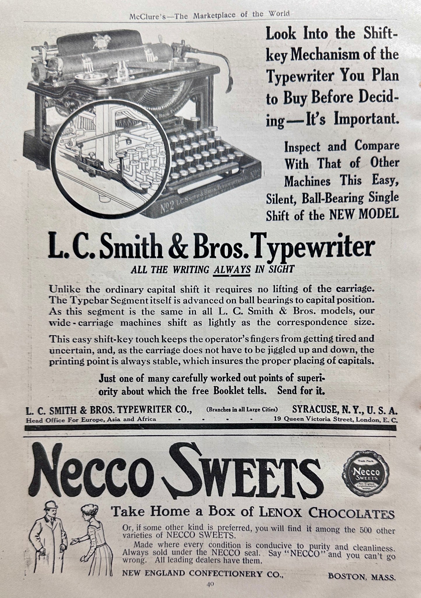 1910 L.C. Smith & Bros Typewriter Ball-Bearing Shift Key AD #N1334