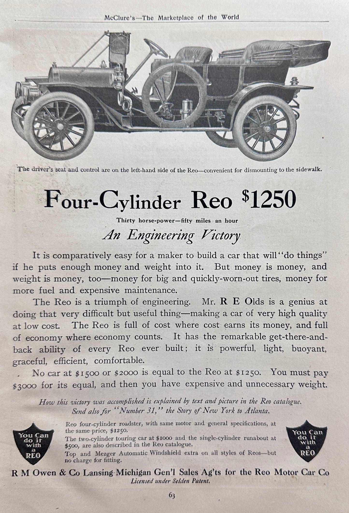 1910 REO 4- Cylinder Automobile - Lansing Michigan Ad #N1338