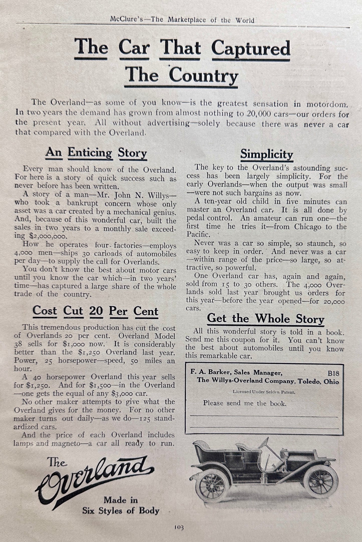 1910 Dual Sided Advertising Ephemera- Smith & Wesson + Willys-Overland AD#N1345