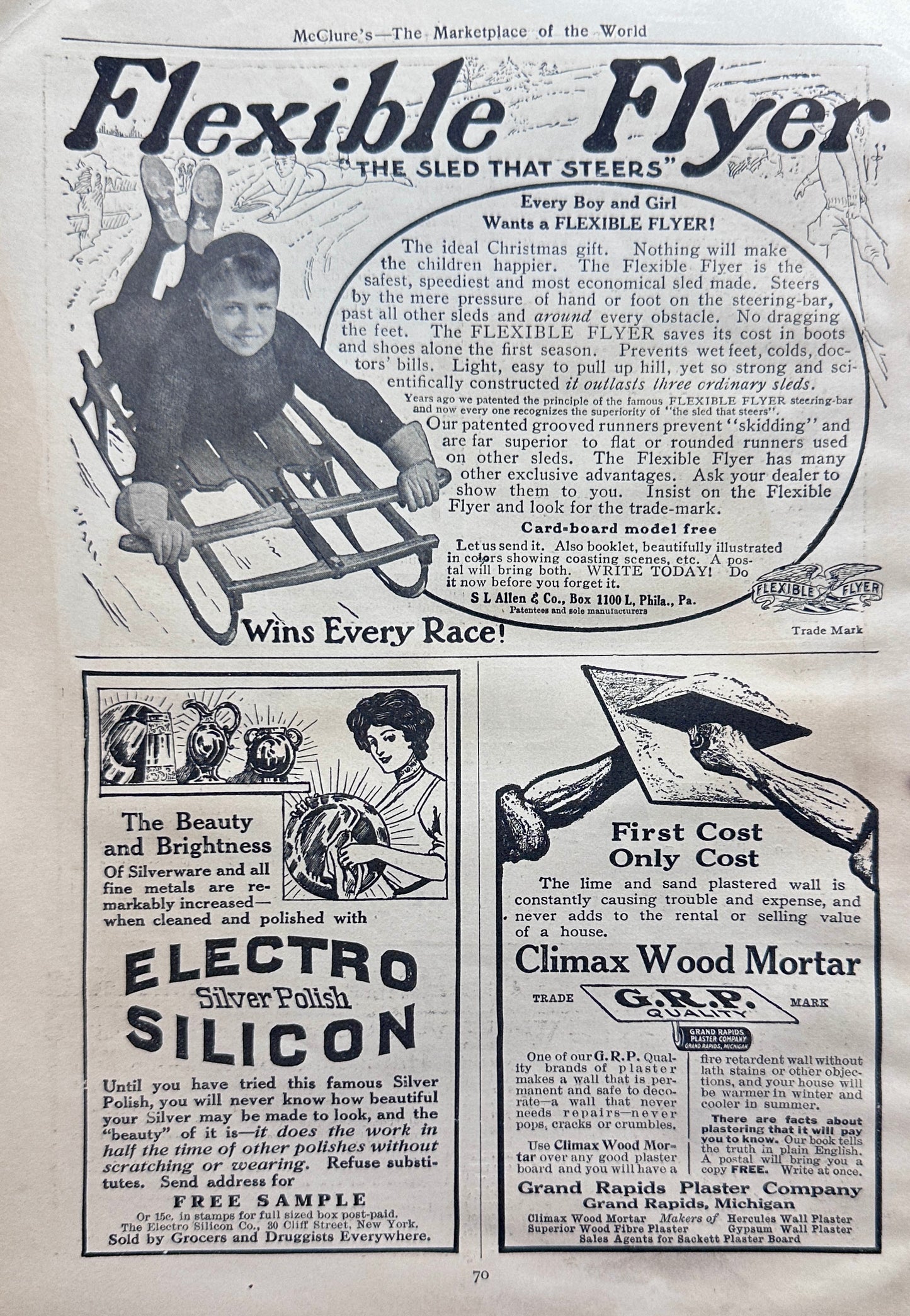 1910 Flexible Flyer Children's Sled Vintage Ad #N1352