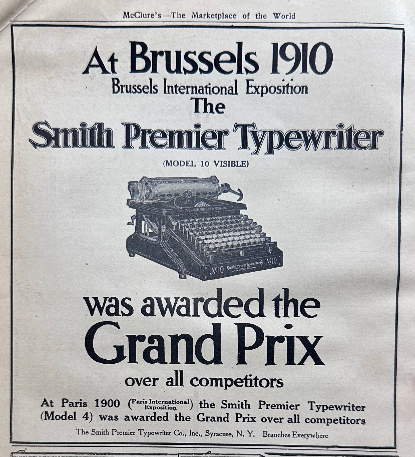 1910 Smith Premier Typewriter - Wins International Award for Best Machine AD#1354