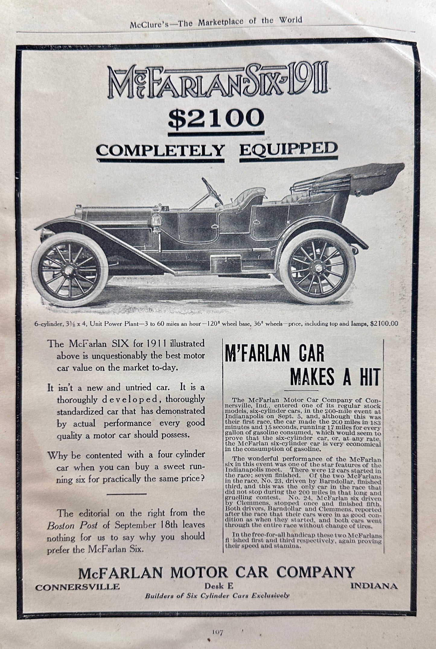 1910 Kelly (Frayer-Miller) Motor Truck - McFarlan-Six Forgotten Autos Ad #N1360