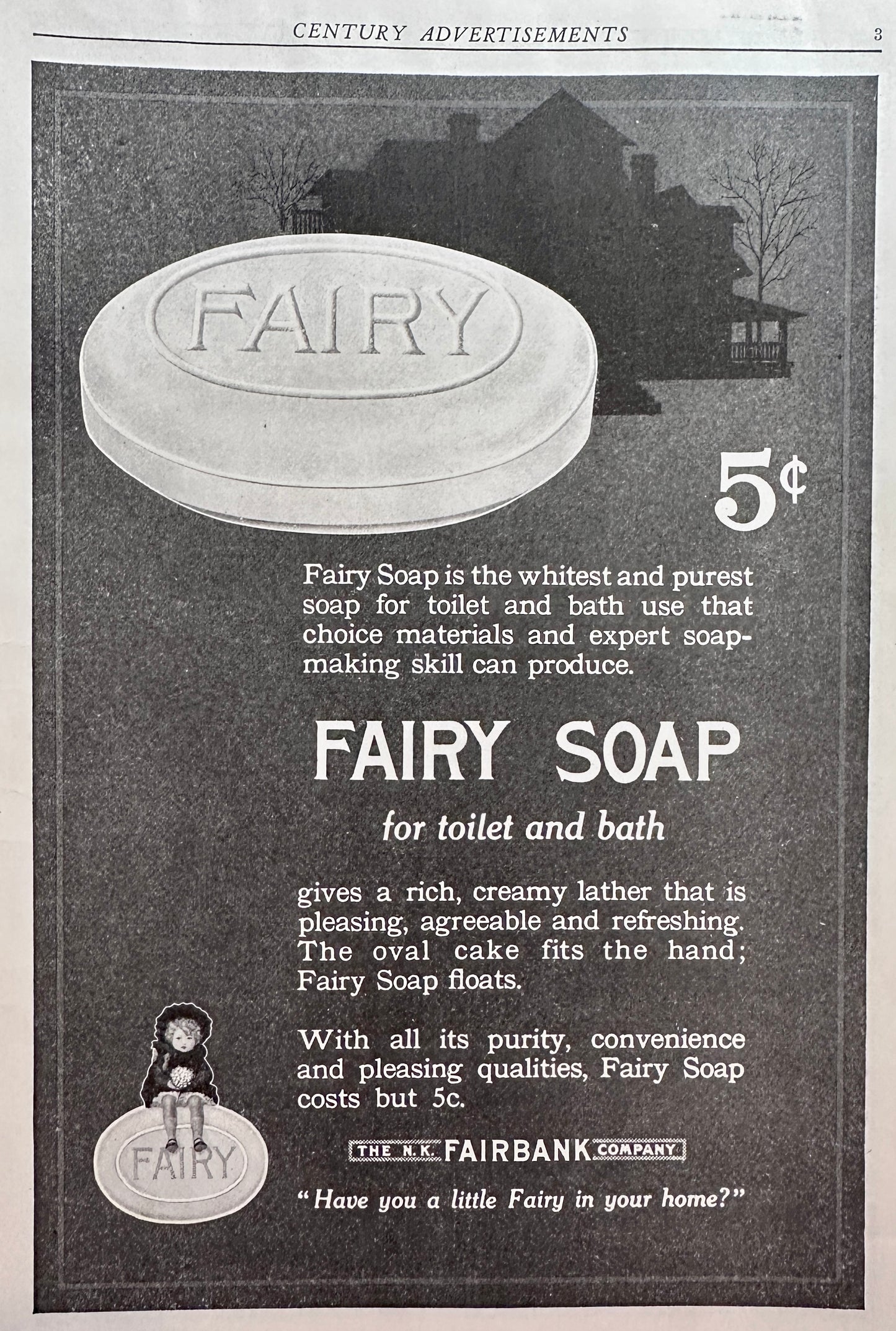 1916 Fairy Soap for Toilet & Bath Just 5 Cents/bar Ad #N1436