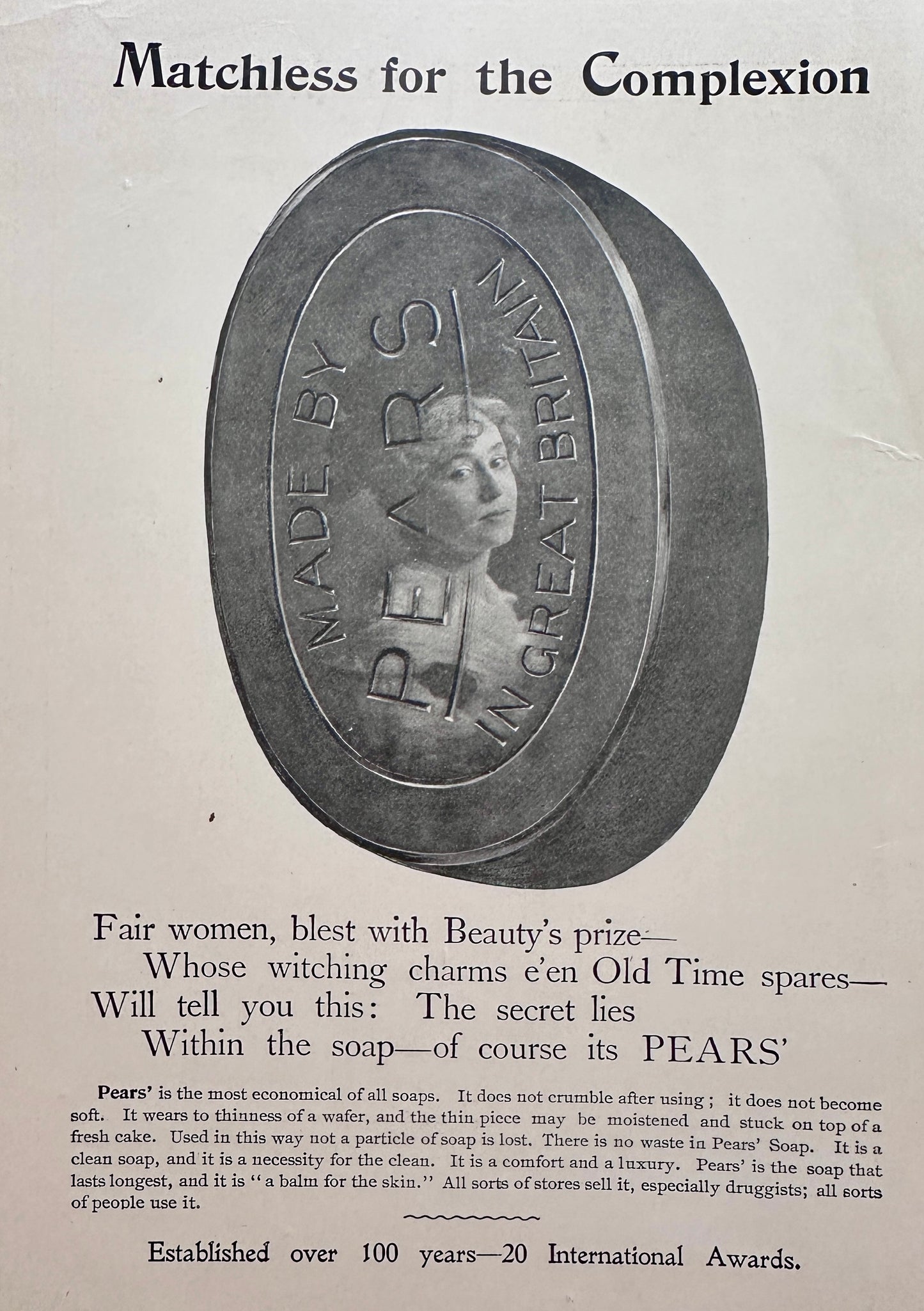 1898 Pears' Soap - Matchless for the Complexion - Made in Great Britain Ad #N1466