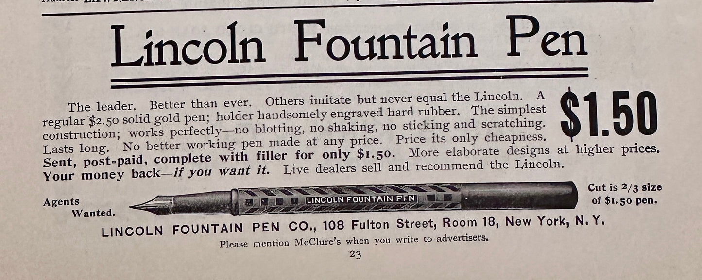 1898 Lincoln Fountain Pen Ad #N1457